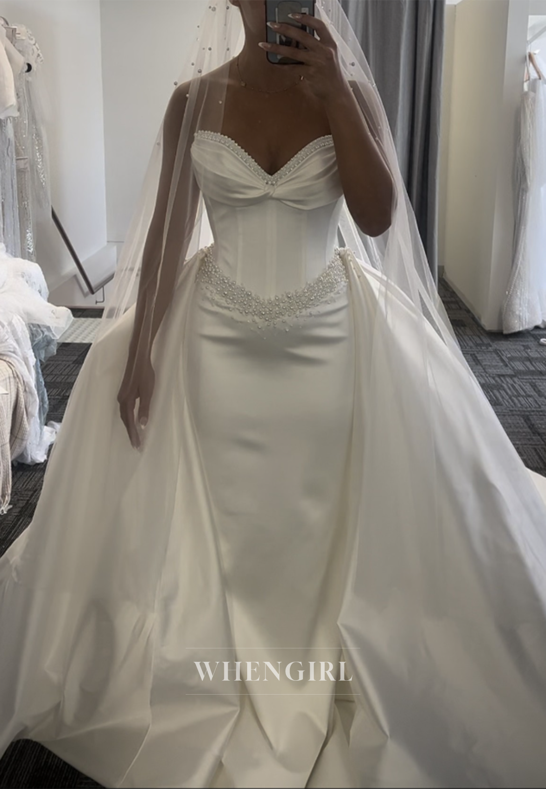 Sheath Pearls Beaded Sweetheart Sleeveless Removable Chapel Trian Wedding Dress