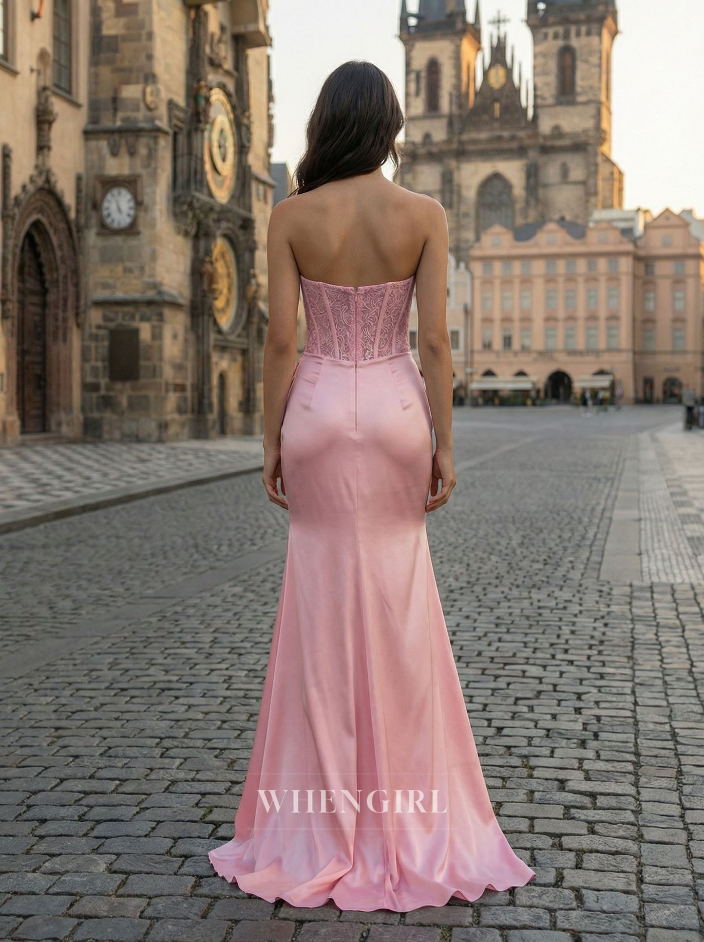 Mermaid Pink Strapless Side Slit Ruched Prom Dress