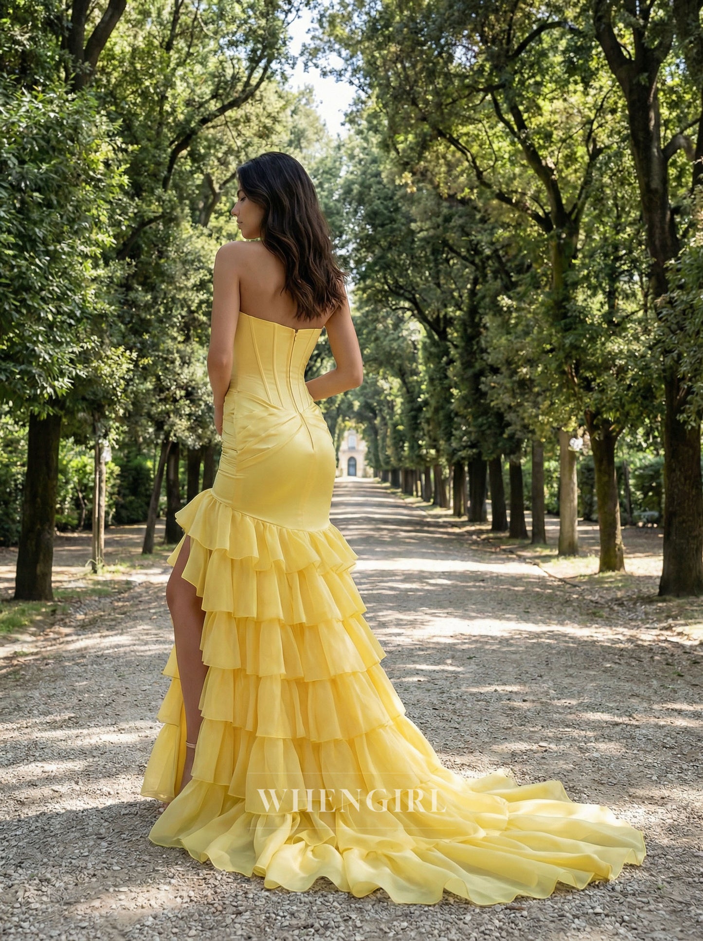 Yellow Mermaid Sweetheart Cut Out Side Slit Ruffles Prom Dress