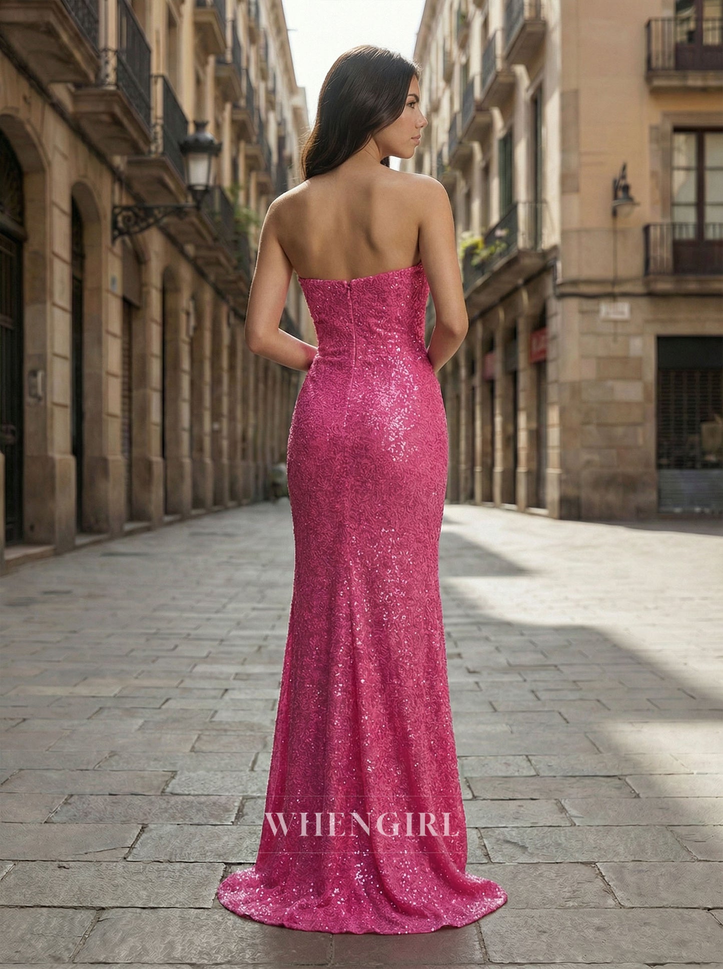 Fuchsia Strapless Back Zipper Side Slit Ruched Sequins Prom Dress