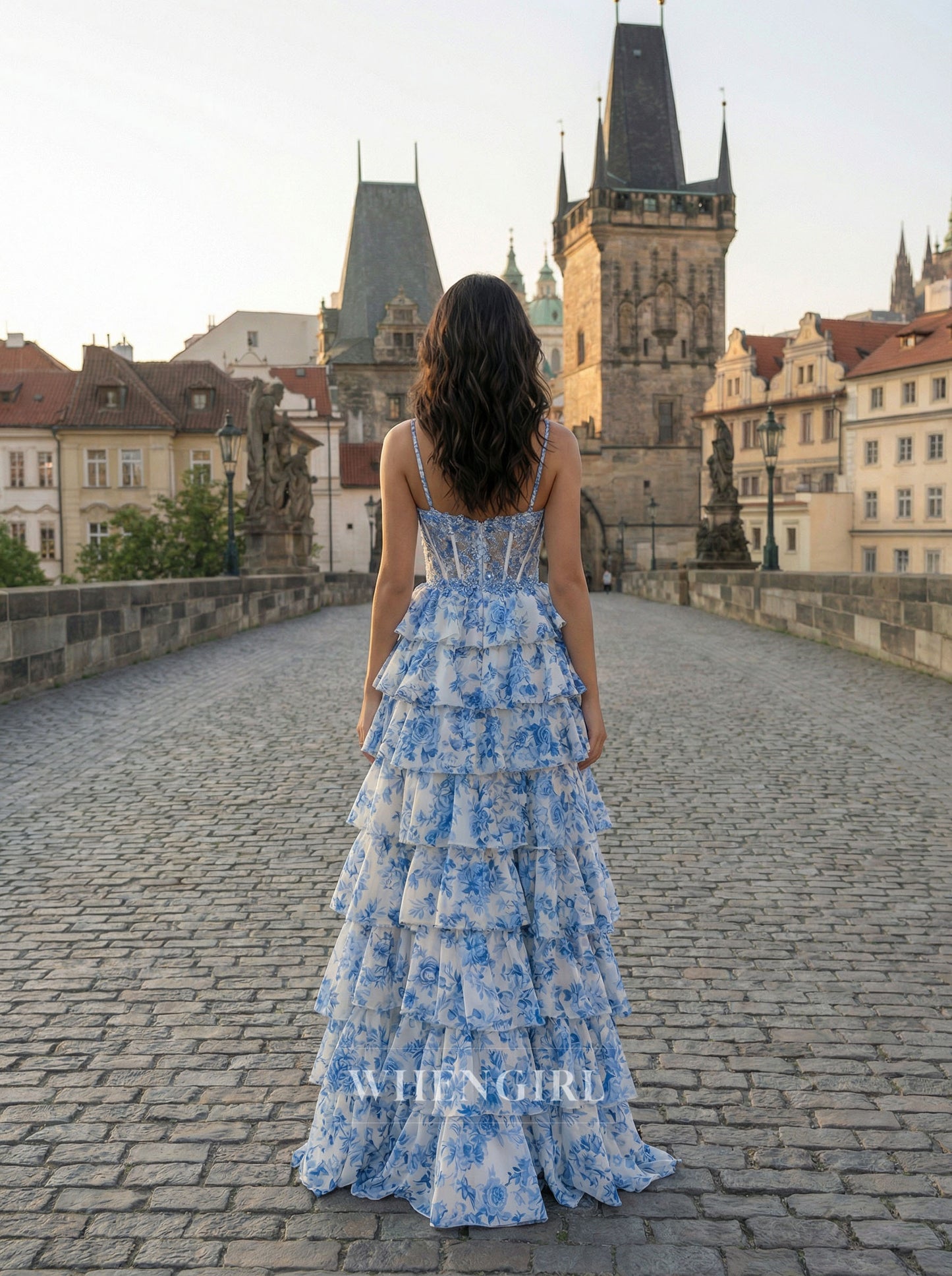 A-Line Multi Tiered Ruffles Spaghetti Straps Side Slit Prom Dress