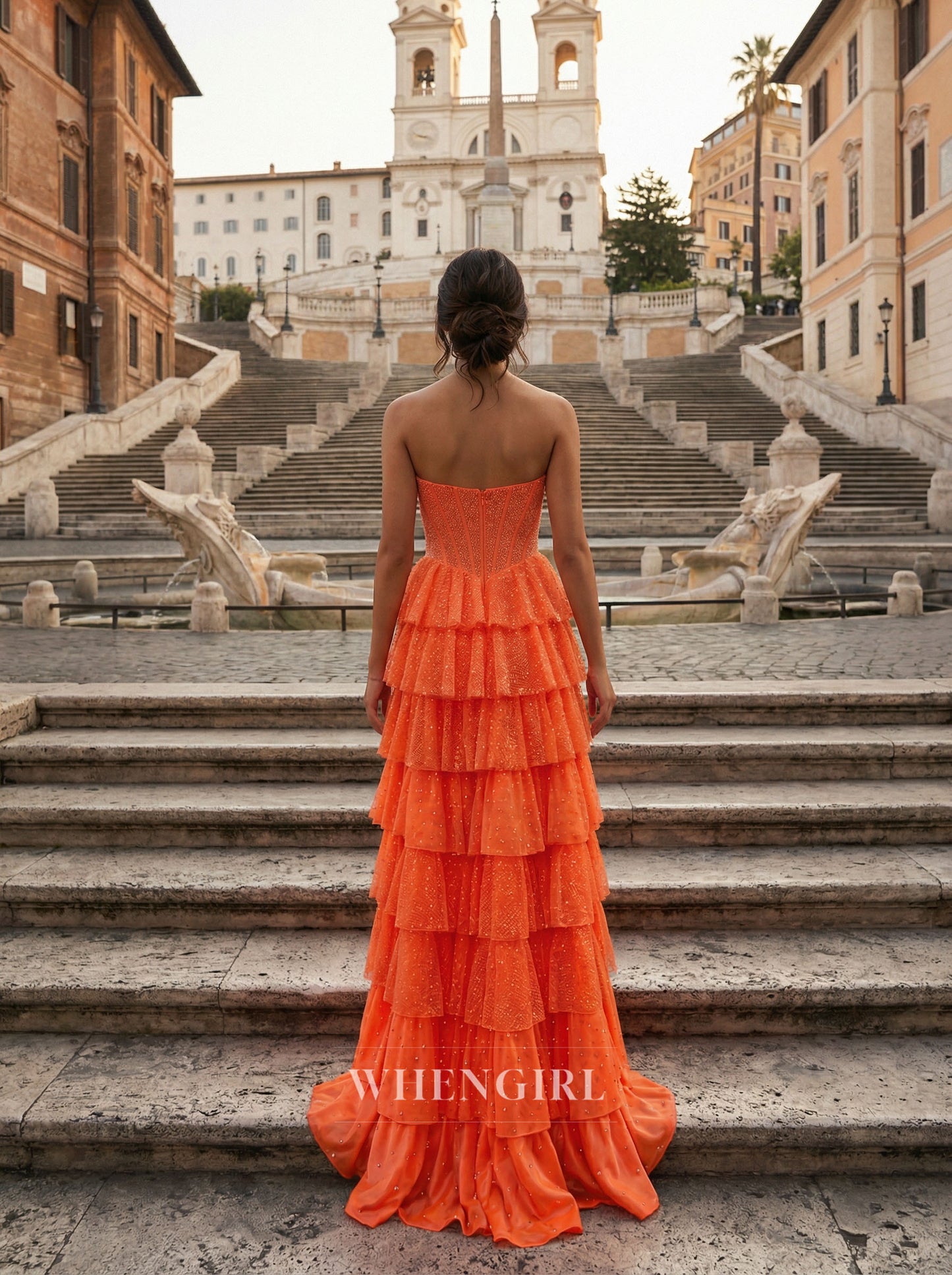 Orange Multi Tiered Ruffles Side Slit A-Line Prom Dress