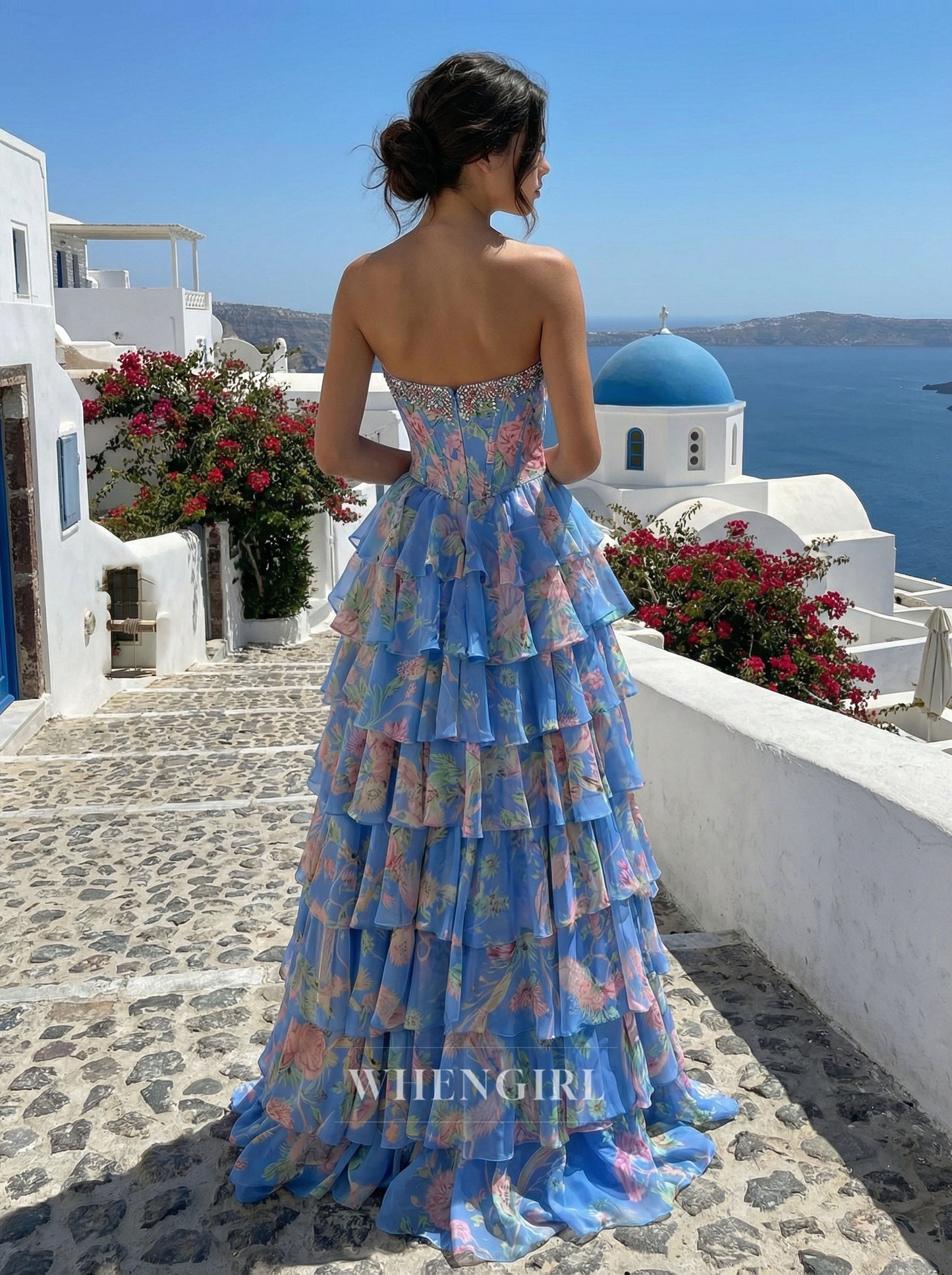 Blue A-Line Multie Tiered Ruffles Beaded Prom Dress