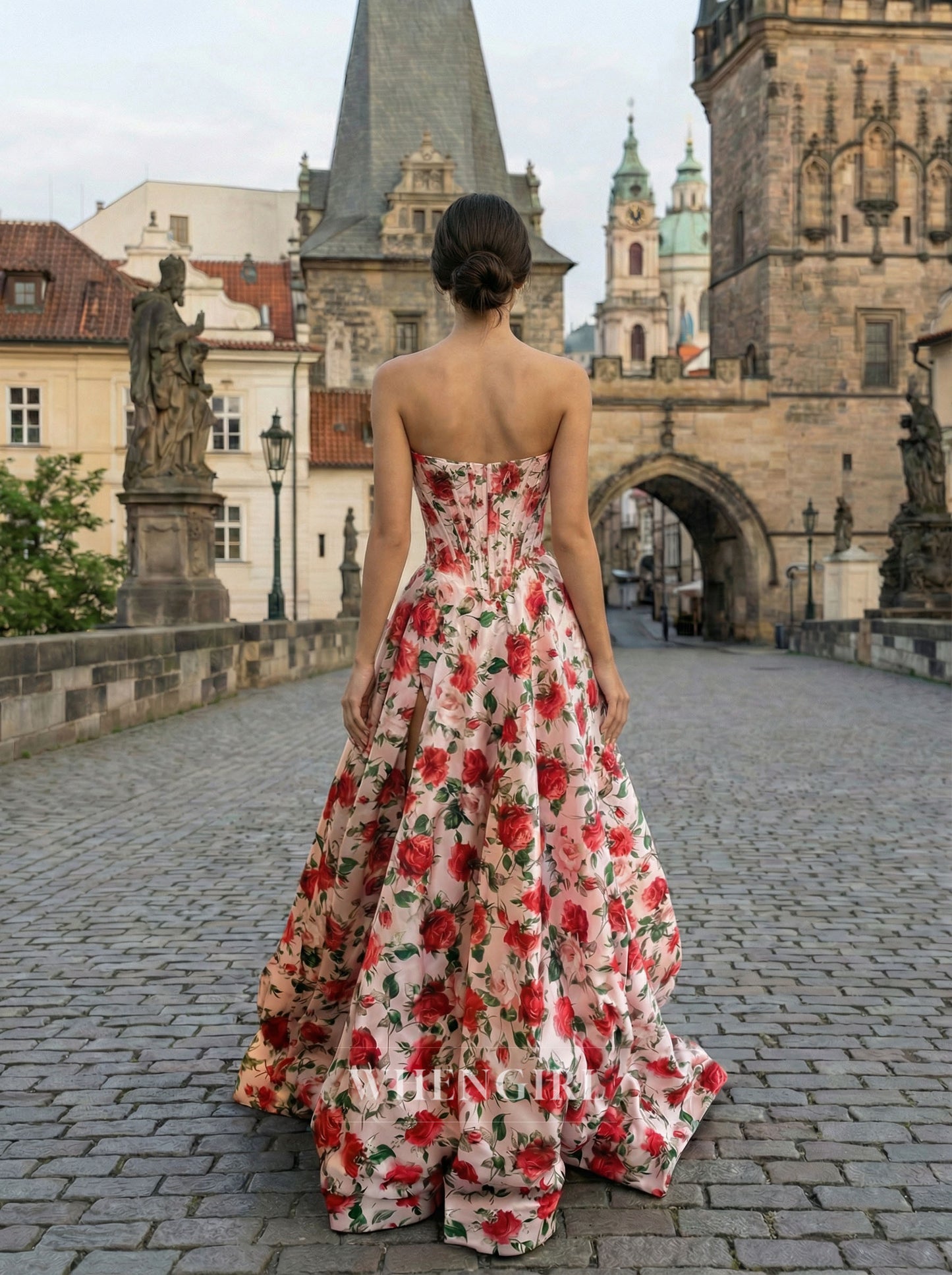 A-Line Printed Floral Side Slit Strapless Prom Dress