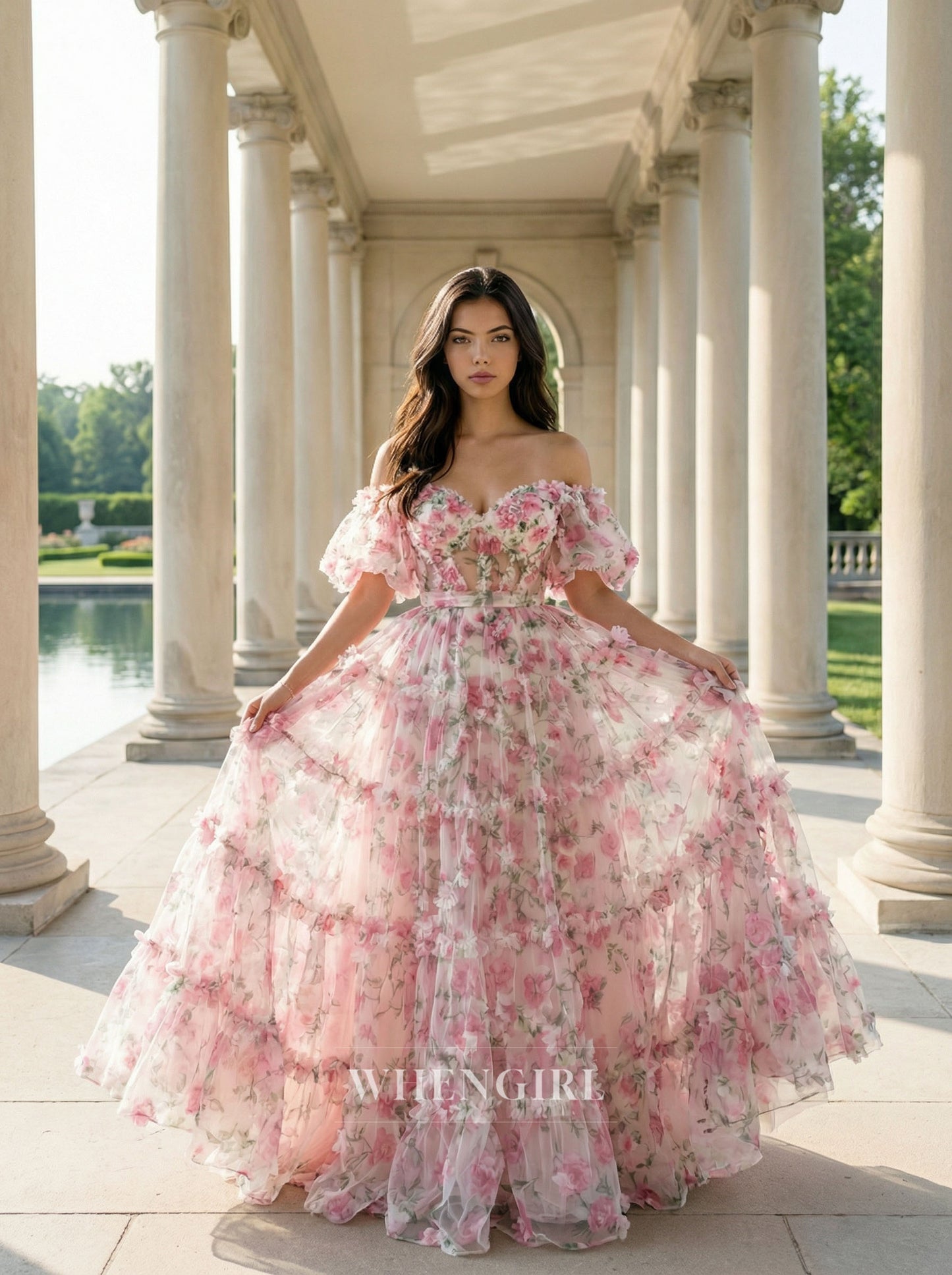 Pink Printes Floral Sweetheart Puff Sleeves A-Line Prom Dress