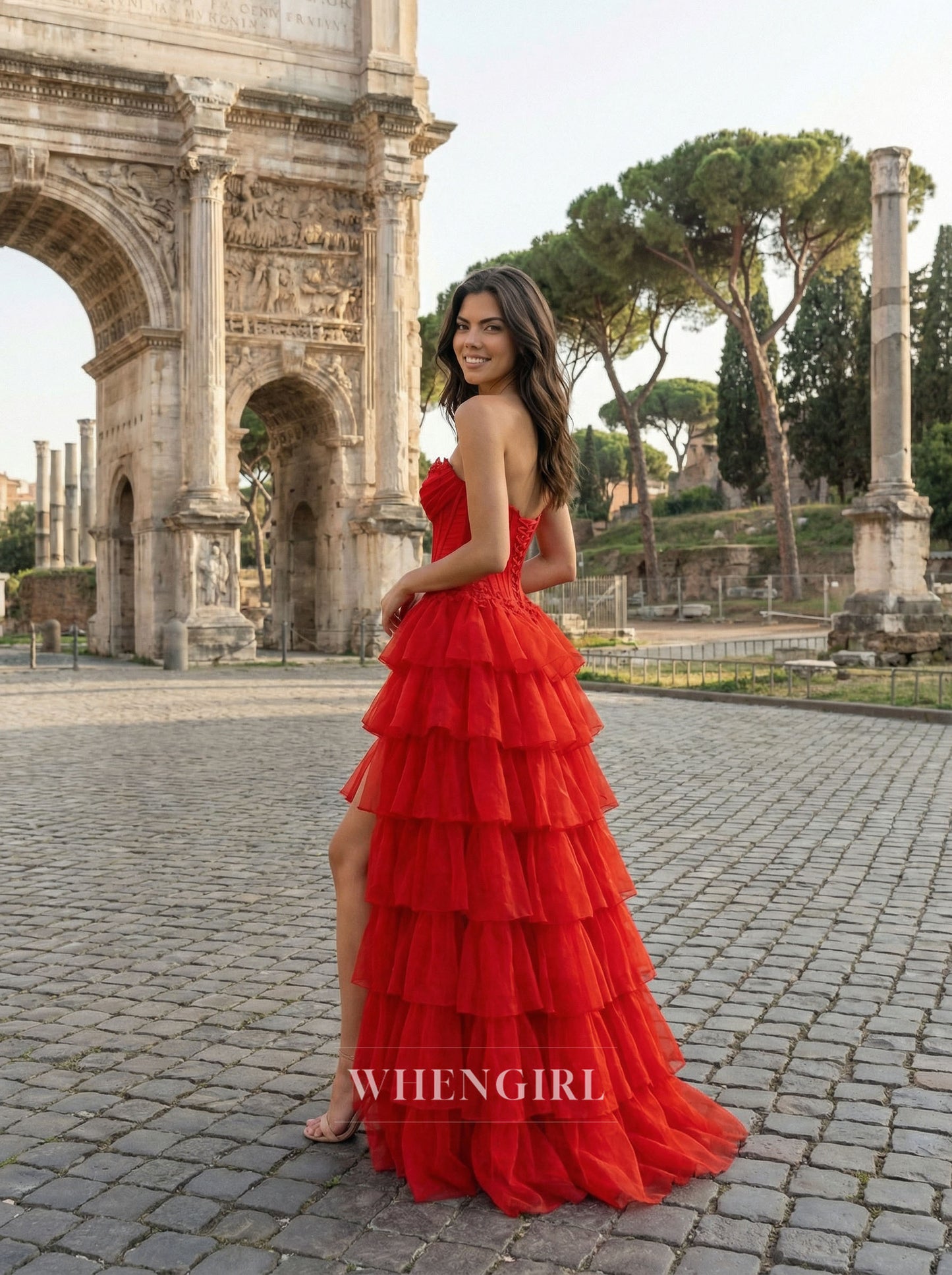 Red A-Line Sweetheart Ruffles Side Slit Prom Dress