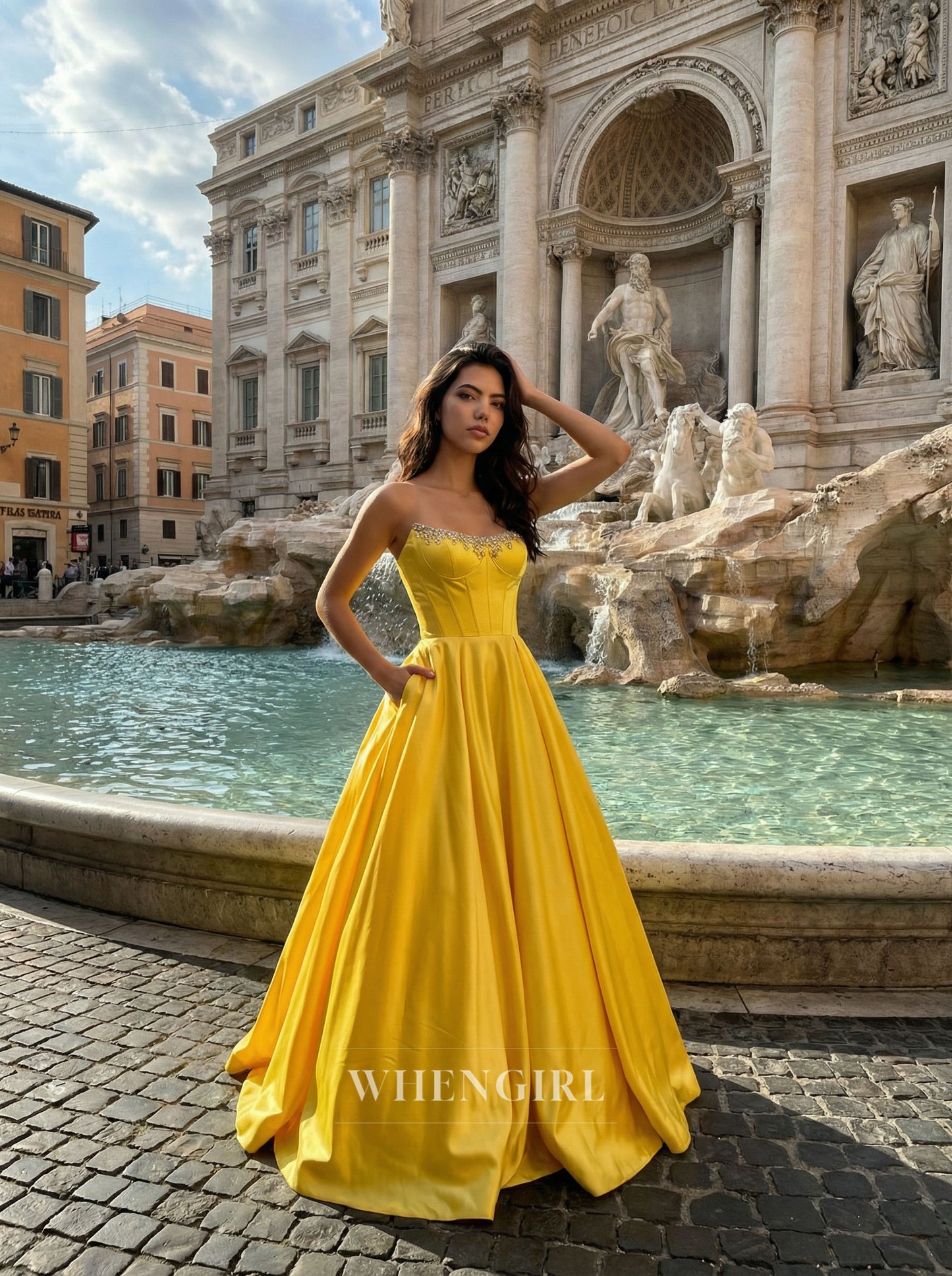 Yellow Strapless Beaded Rhinestones A-Line Prom Dress