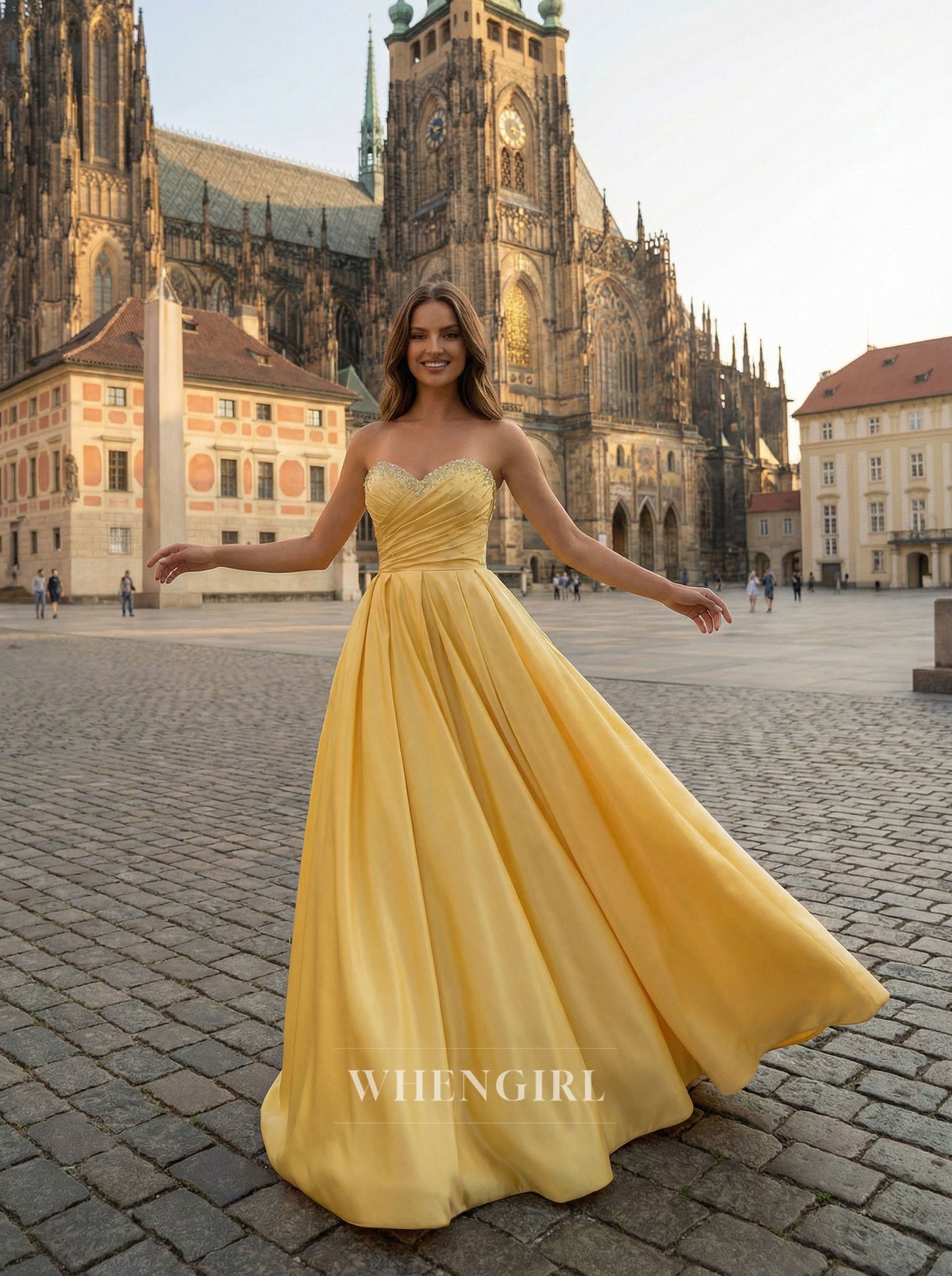 Yellow Sweetheart Beaded Sleeveless A-Line Floor Length Prom Dress