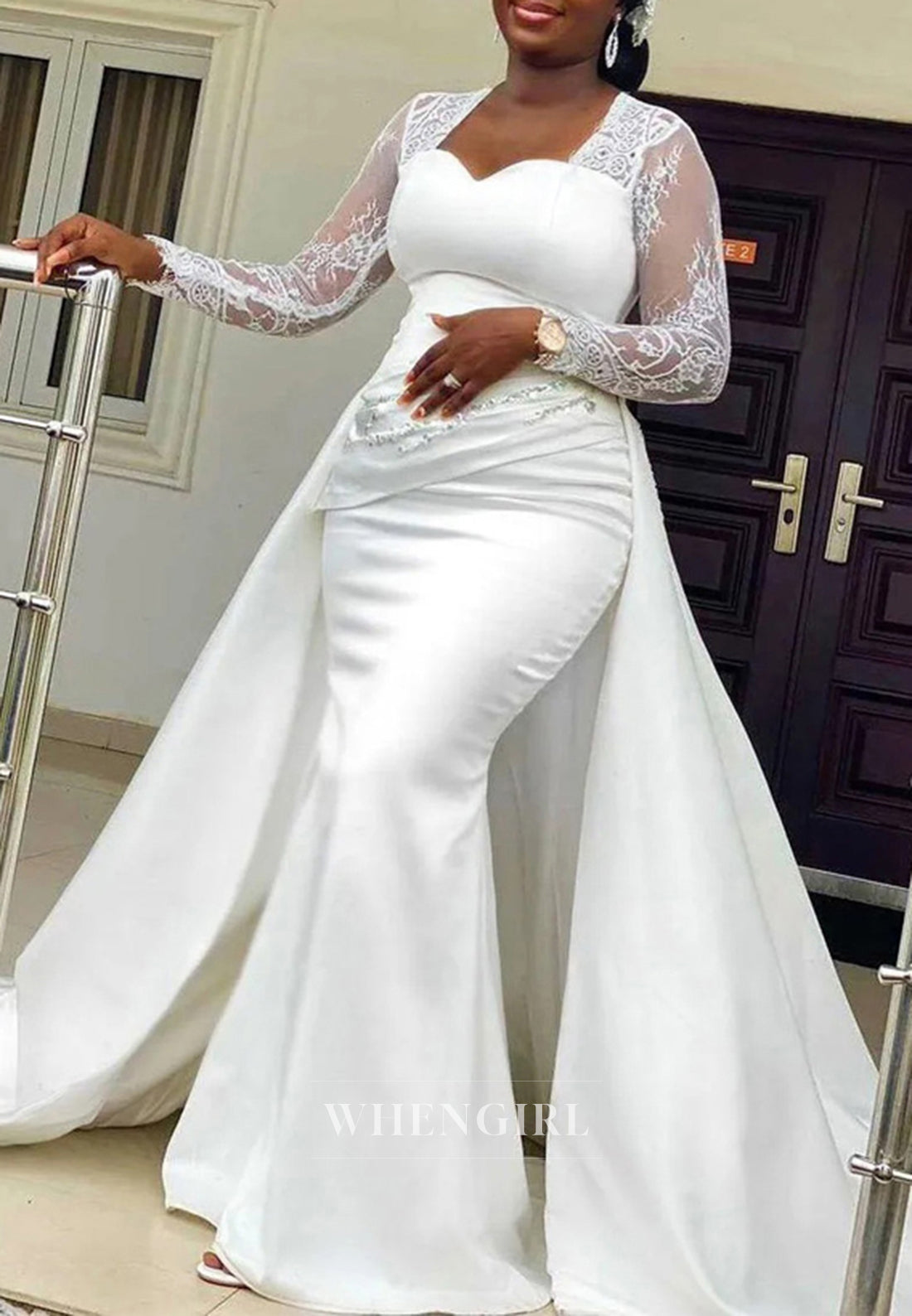 Queen Anne Neck Pleated Wedding Dress with Embroidery Lace Long Sleeves and Court Train