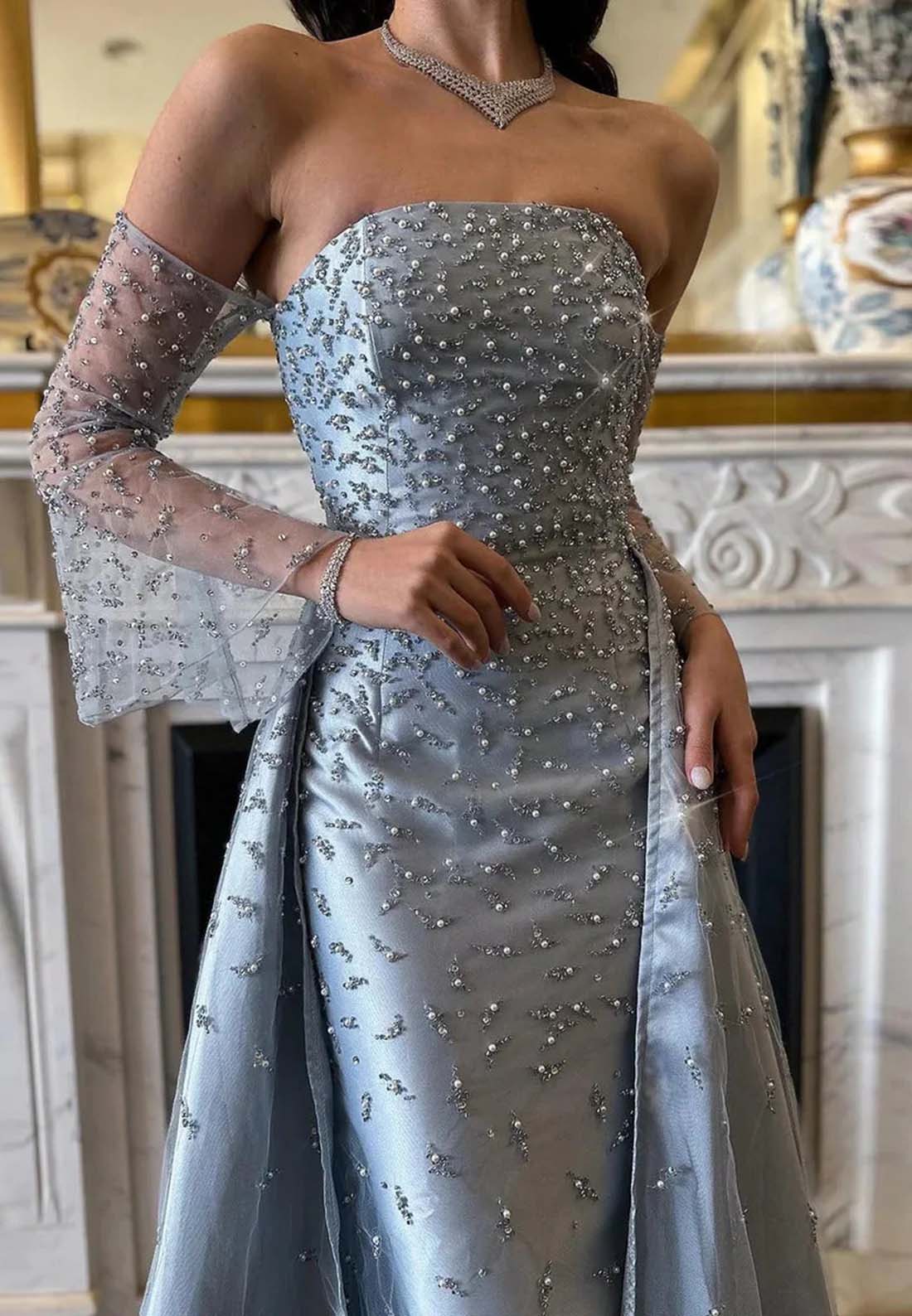 Sky Blue Off Shoulder Beaded Illusion Long Sleeves Sheath Sweep Train Formal Dress Evening Gown