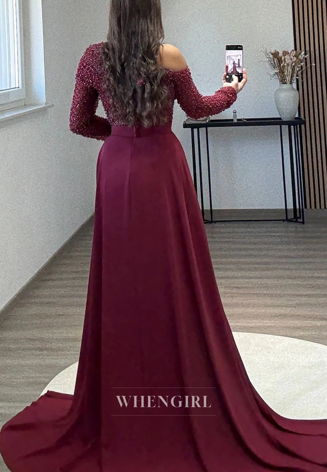Asymmetrical Neck Beaded Long Sleeves Sheath Sweep Train Evening Formal Dress