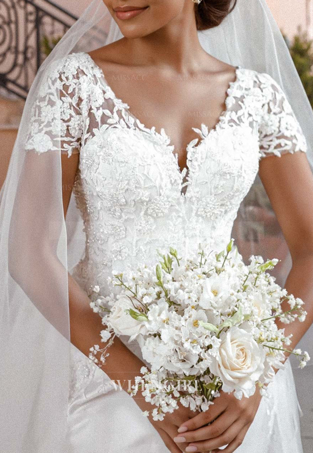 V Neck Short Sleeves Court Train Mermaid Wedding Dress with Appliques Lace