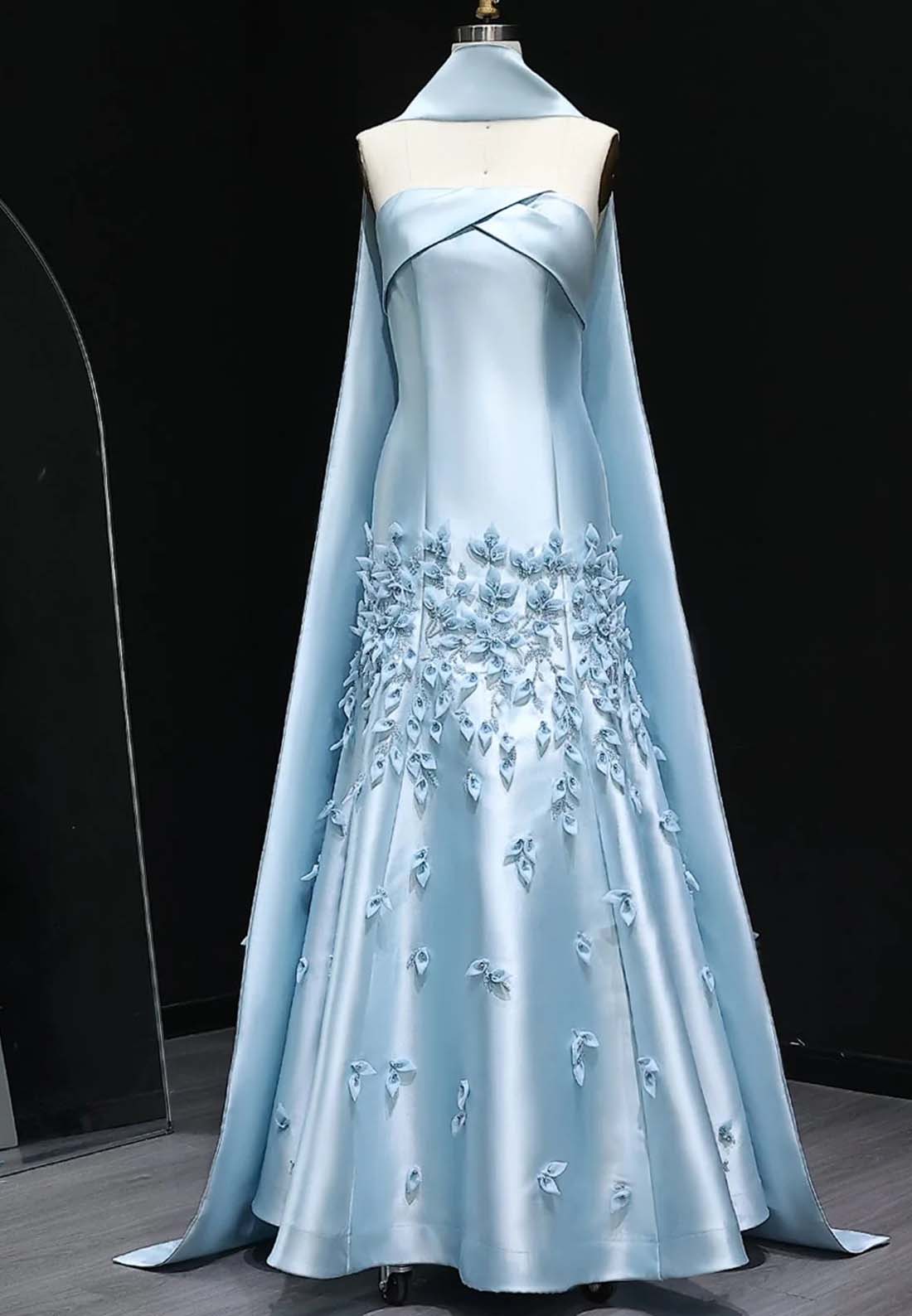 A-Line Strapless Pleated Beaded Strapless Sleeveless Floor Length Formal Dress with Cape