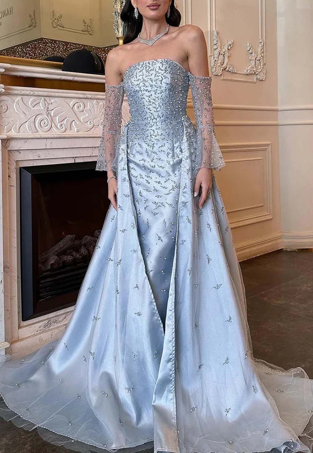 Sky Blue Off Shoulder Beaded Illusion Long Sleeves Sheath Sweep Train Formal Dress Evening Gown