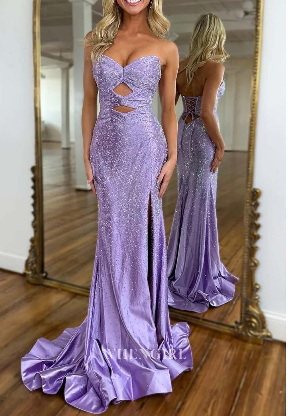 Sweetheart Sleeveless Cut Out Formal Dress Side Slit Beaded Sweep Train Sheath Evening Dress