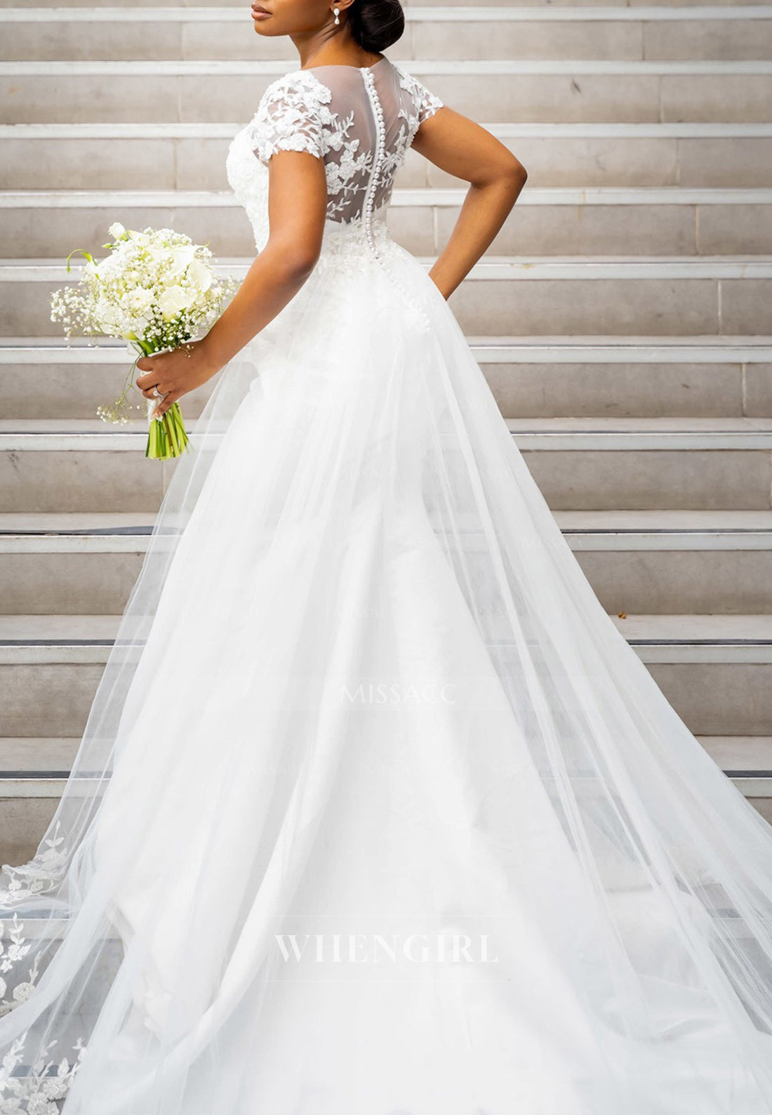 V Neck Short Sleeves Court Train Mermaid Wedding Dress with Appliques Lace