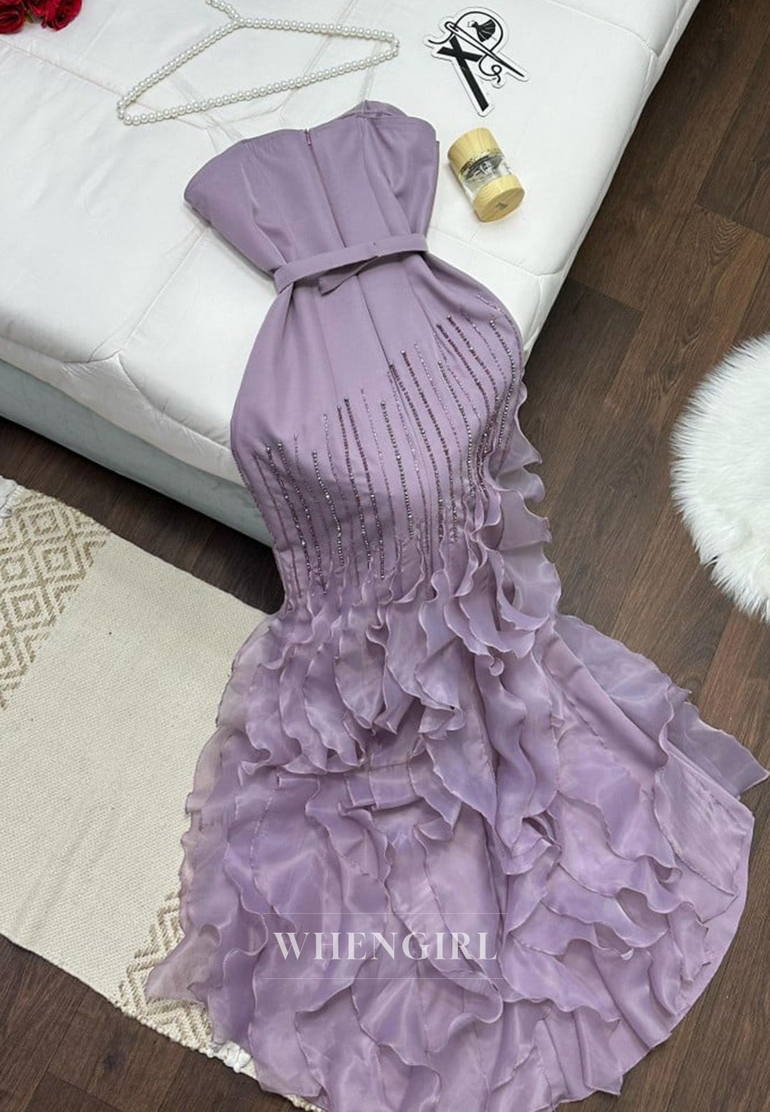 Lilac Asymmetrical Neck Beaded Sleeveless Ruffles Back Zipper Sheath Formal Evening Dress with Belt