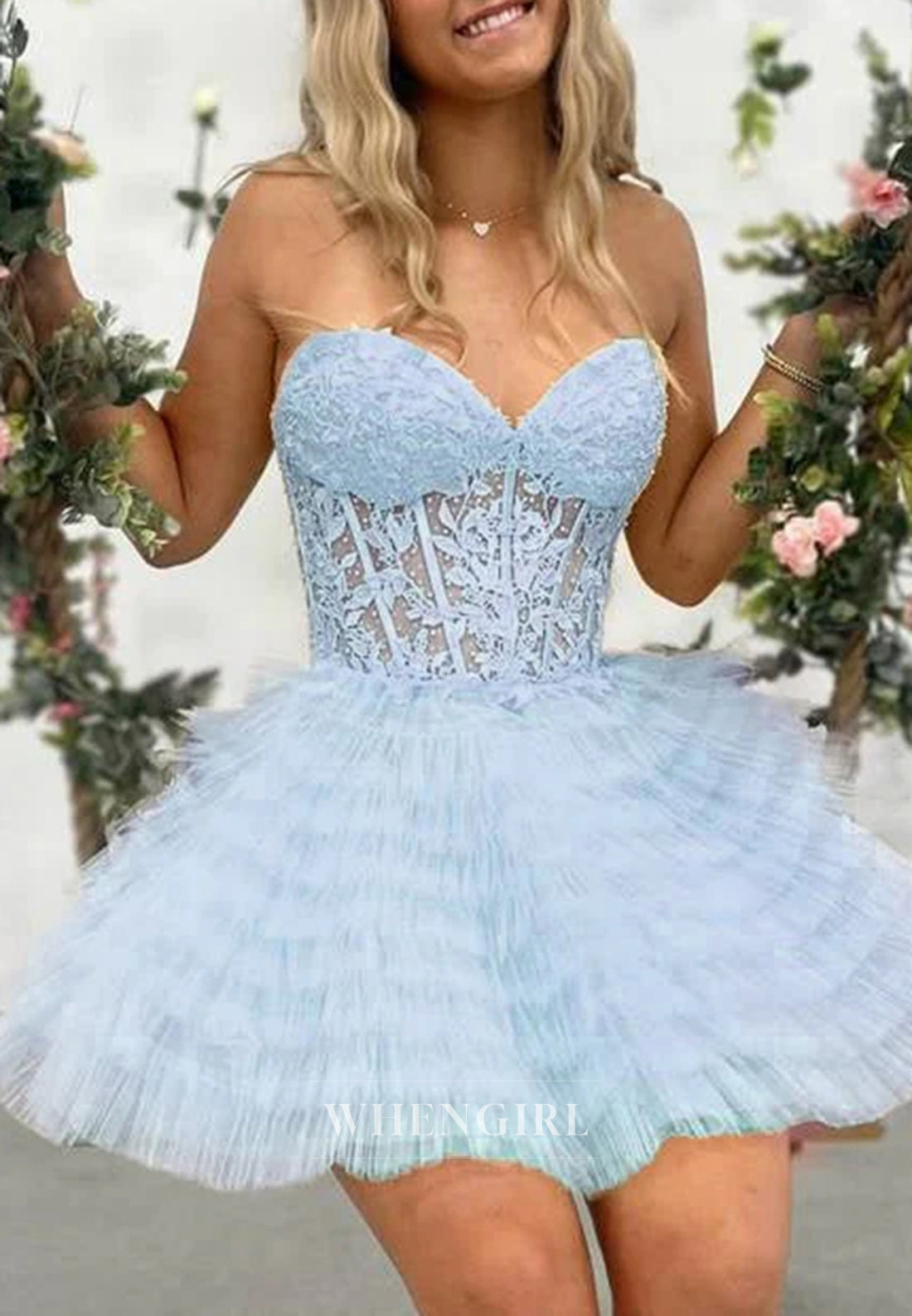Sweetheart Strapless Appliqued Lace Tiered Tulle Lace Up A-Line Homecoming Dress