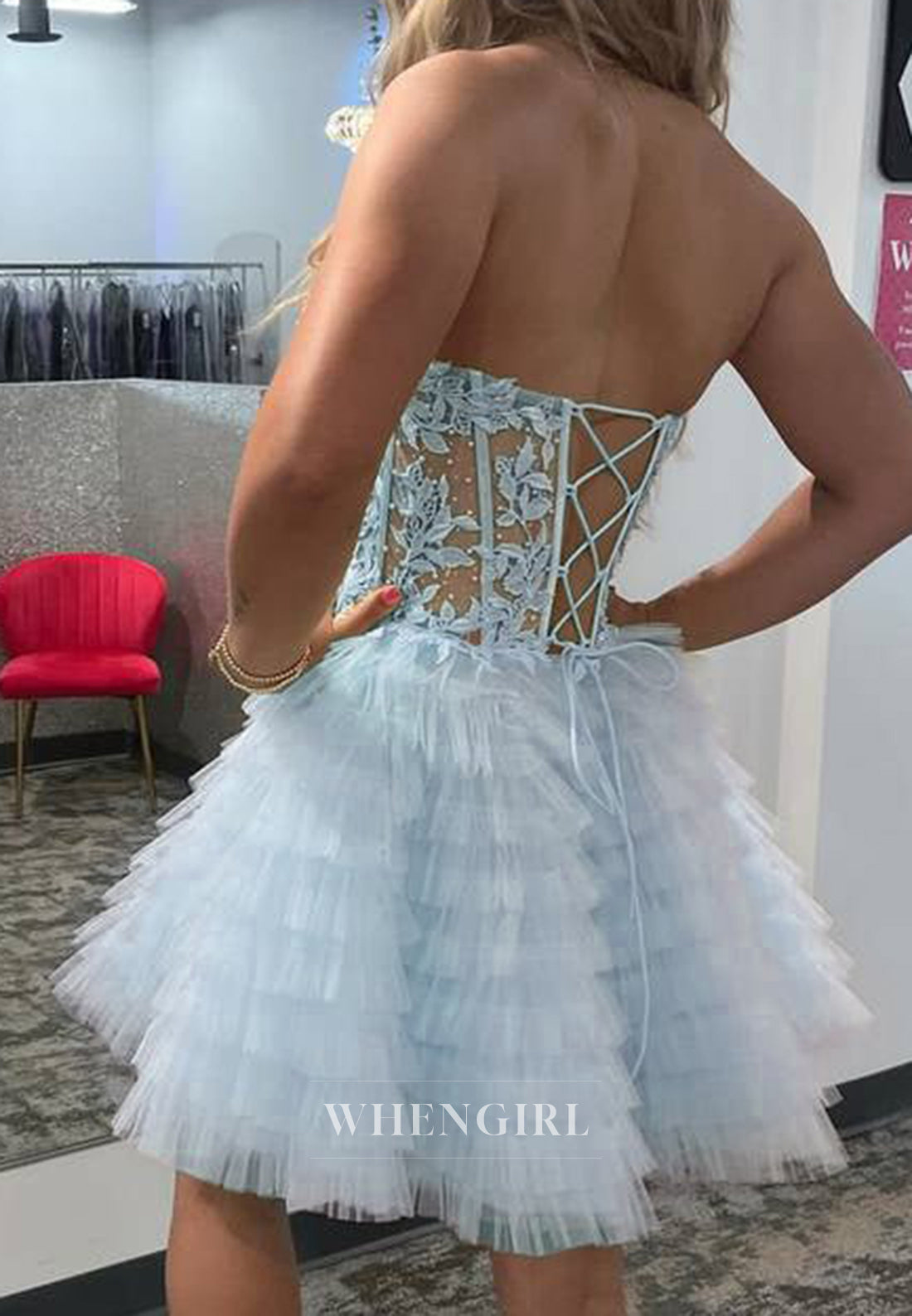 Sweetheart Strapless Appliqued Lace Tiered Tulle Lace Up A-Line Homecoming Dress