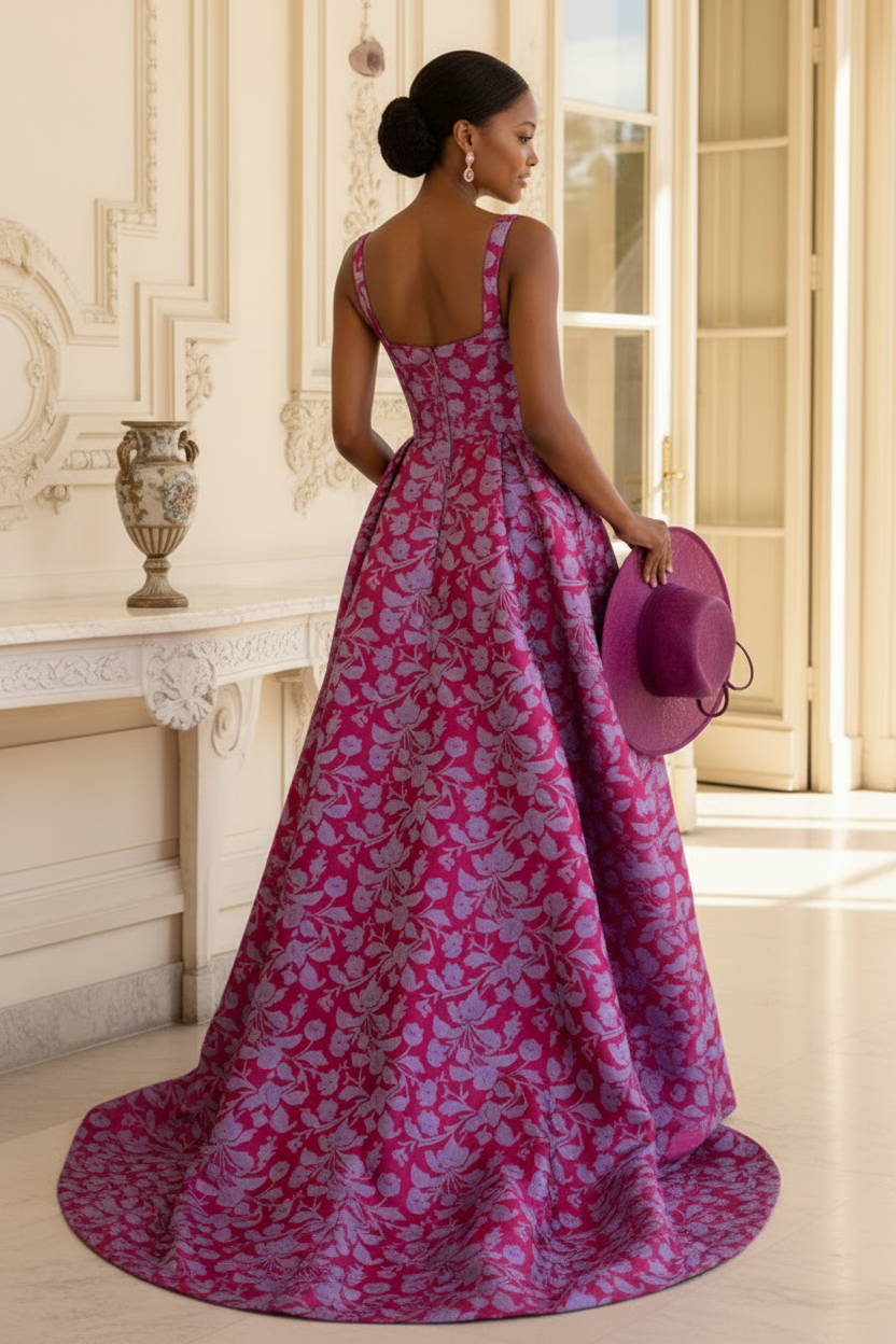Fuchsia Square Neck Sleeveless Slit Floral Mother of the Bride Dress