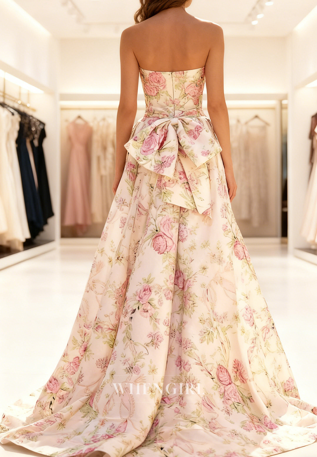 A-Line Tube Top Bowknot Sleeveless Floral Back Zipper Prom Dress