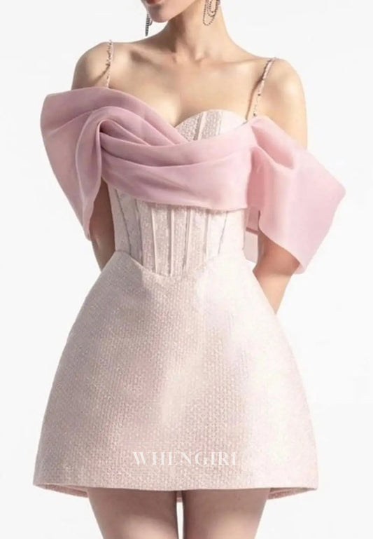 Pink Spaghetti Straps Sleeveless Asymmetrical Neck Back Zipper Sheath Short Homecoming Dress