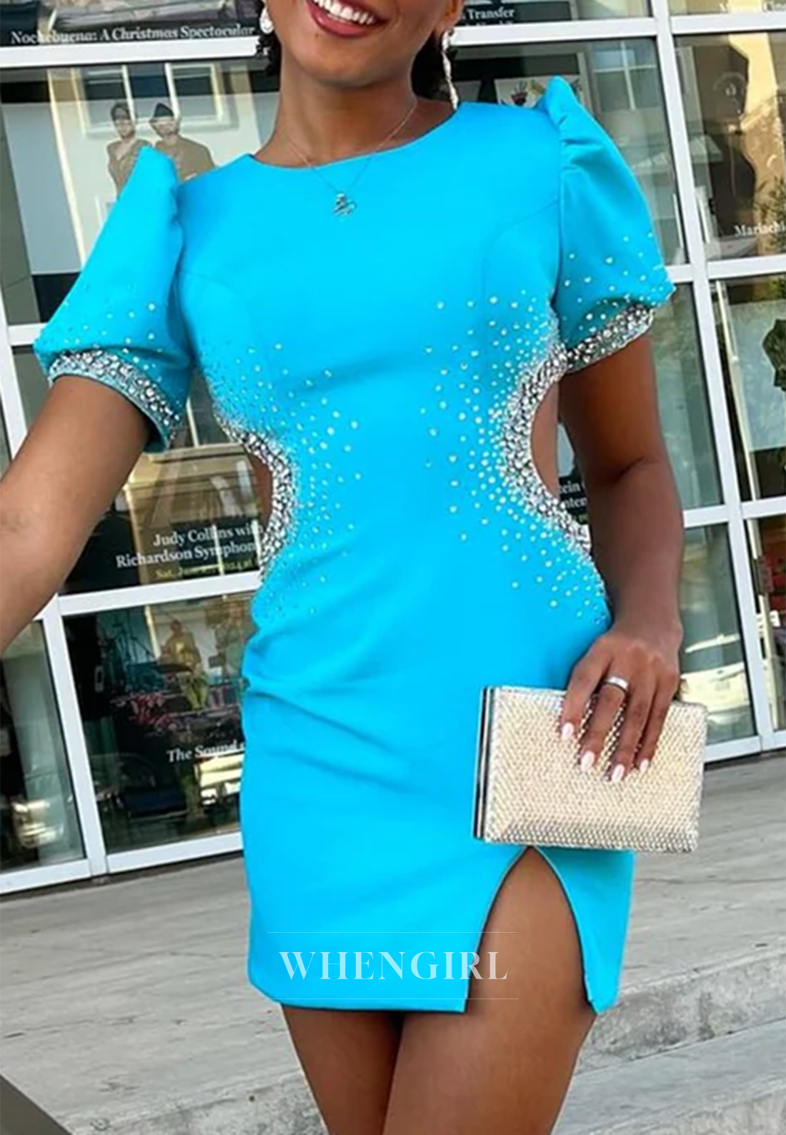 Sheath Bateau Neck Short Puff Sleeves Cut Out Side Slit Back Zipper Homecoming Dress