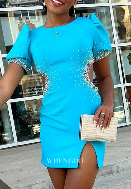 Sheath Bateau Neck Short Puff Sleeves Cut Out Side Slit Back Zipper Homecoming Dress