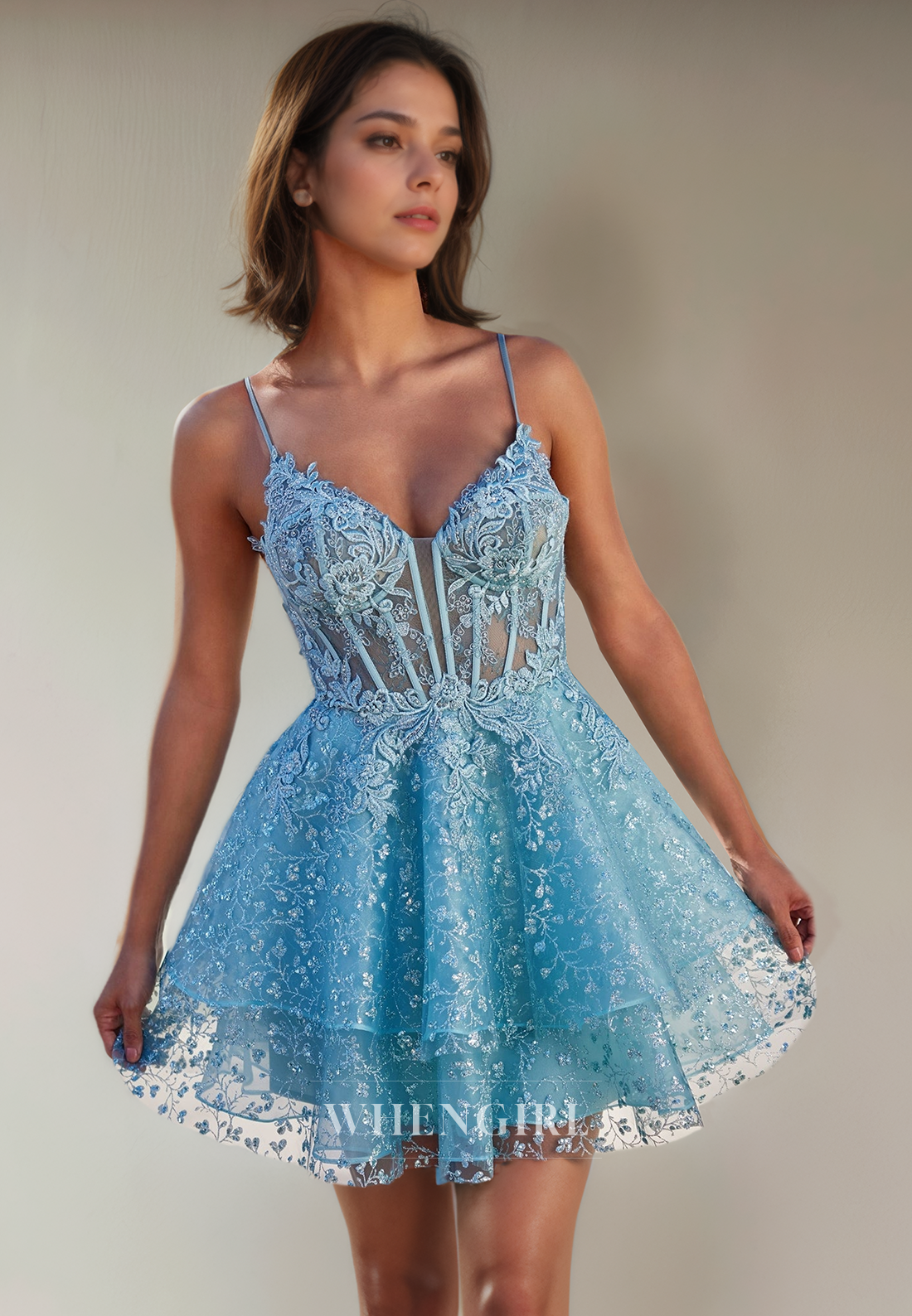 A-Line Strapless Straps Fully Appliques Tulle Tiered Homecoming Dress