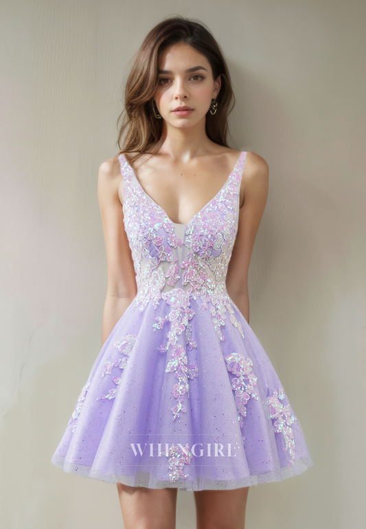 A-Line V Neck Straps Tulle Appliques Back Zipper Short Homecoming Dress