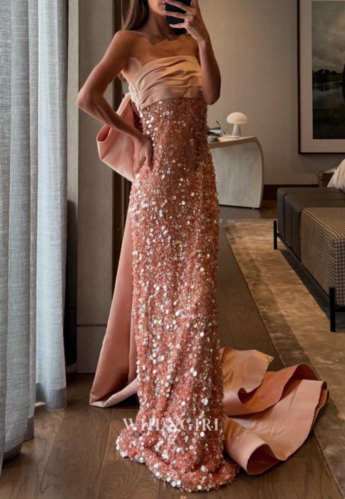 Pink Tube Top Sleeveless Bowknot Sequins Beading Sheath Long Formal Evening Dress