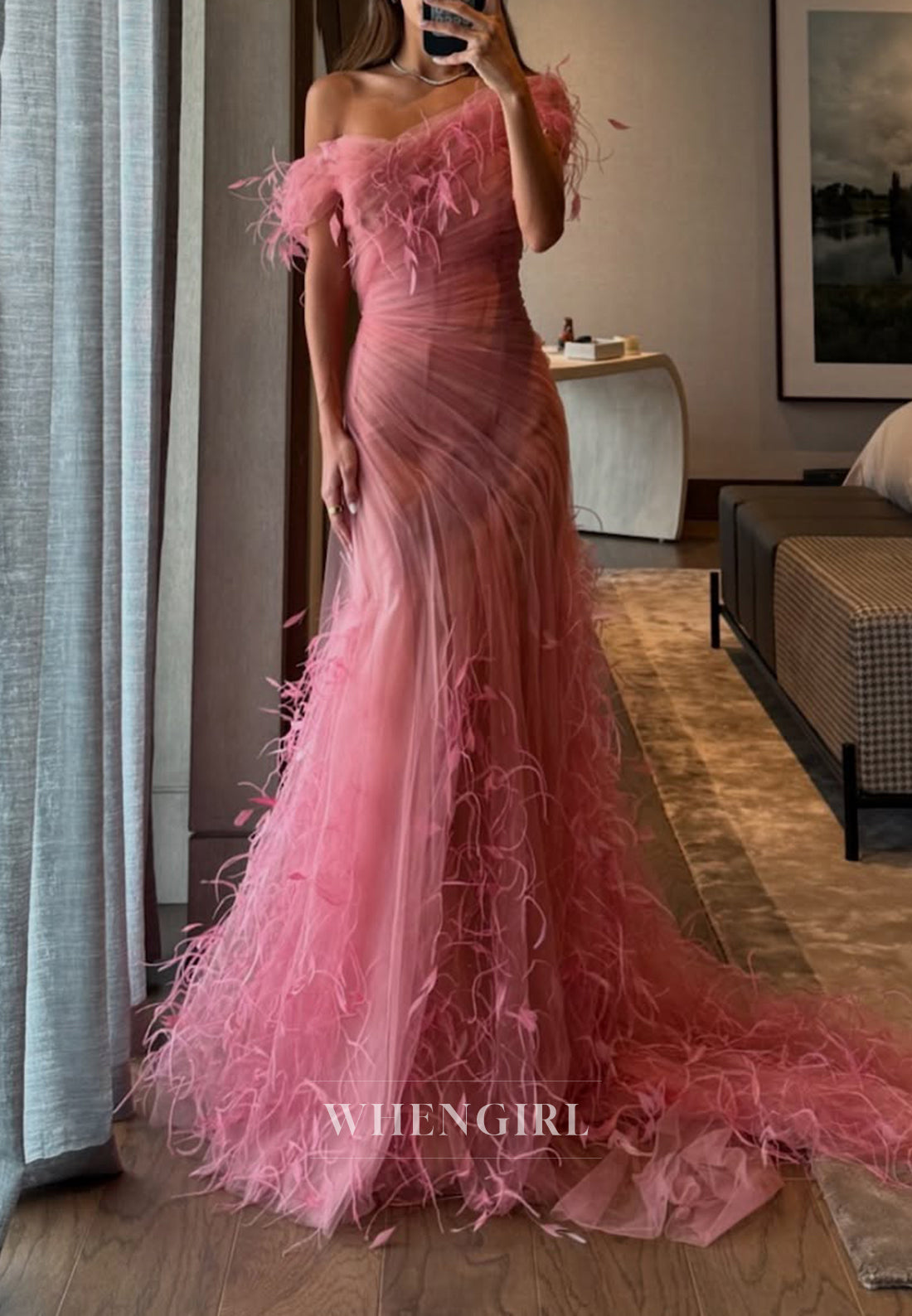Dusty Pink Off Shoulder Pleated Side Slit Feather Back Zipper Mermaid Evening Formal Dress with Train