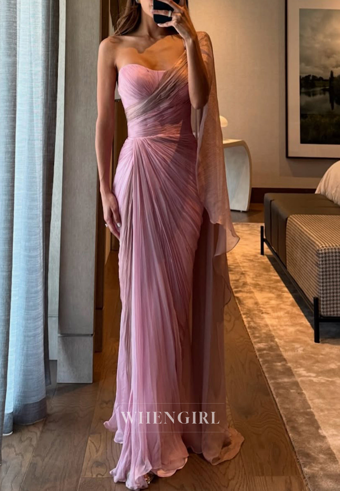 Light Pink One Shoulder Sleeveless Side Slit Pleated Sheath Long Formal Dress Evening Gown