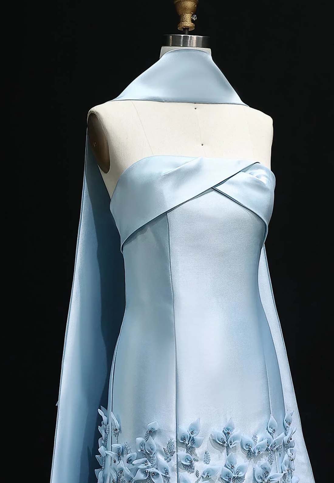 A-Line Strapless Pleated Beaded Strapless Sleeveless Floor Length Formal Dress with Cape