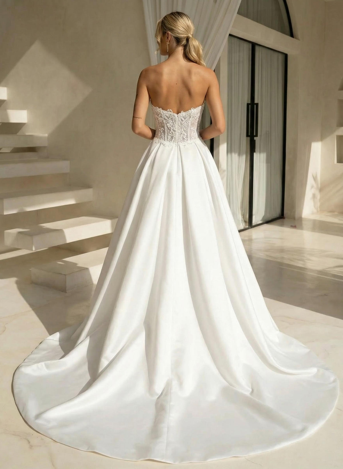 A-Line Strapless Sleeveless Chapel Train Matte Satin Wedding Dresses With Pockets