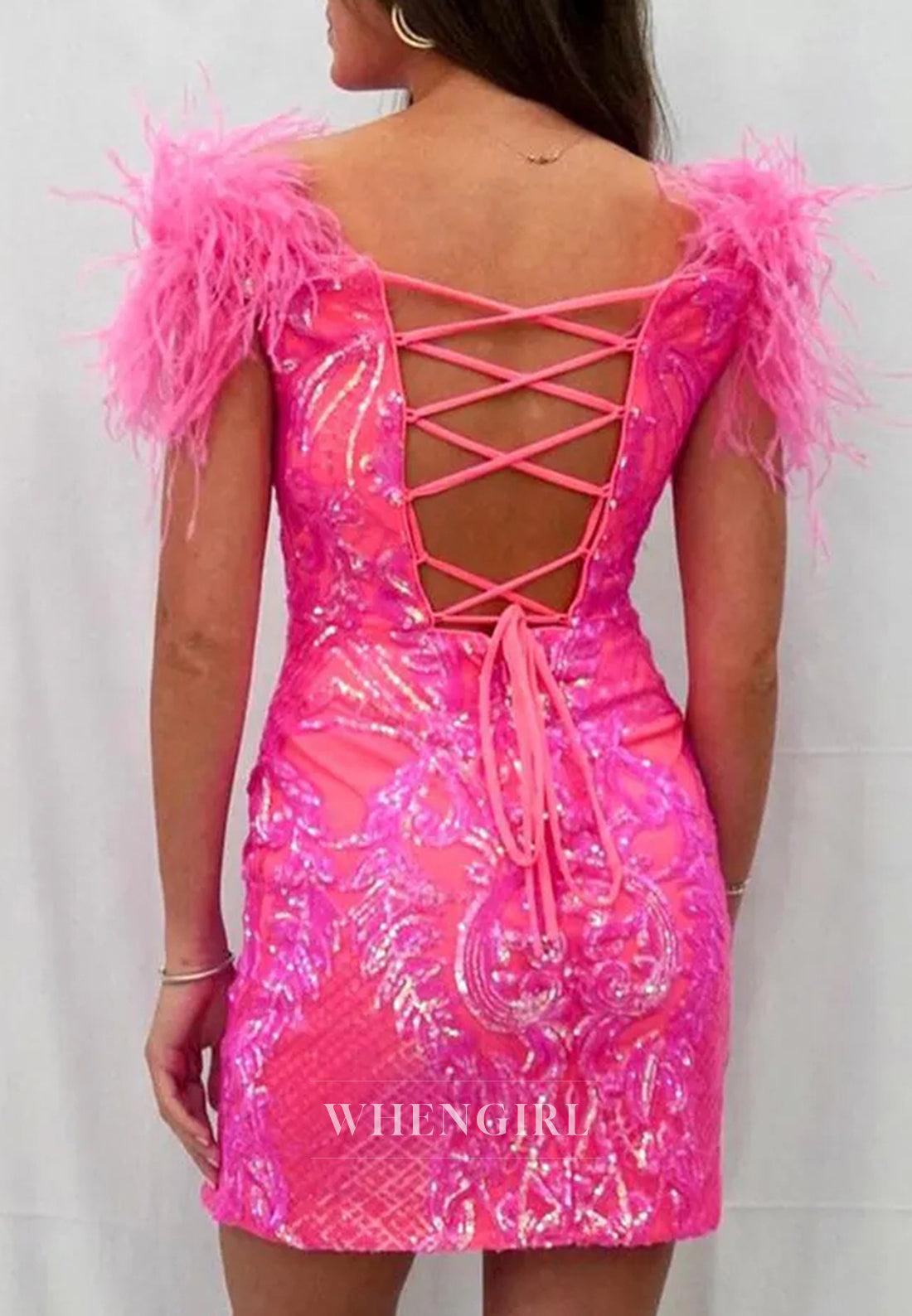 V Neck Beaded Sleveless Feather Side Slit Lace Up Short Sheath Homecoming Dress