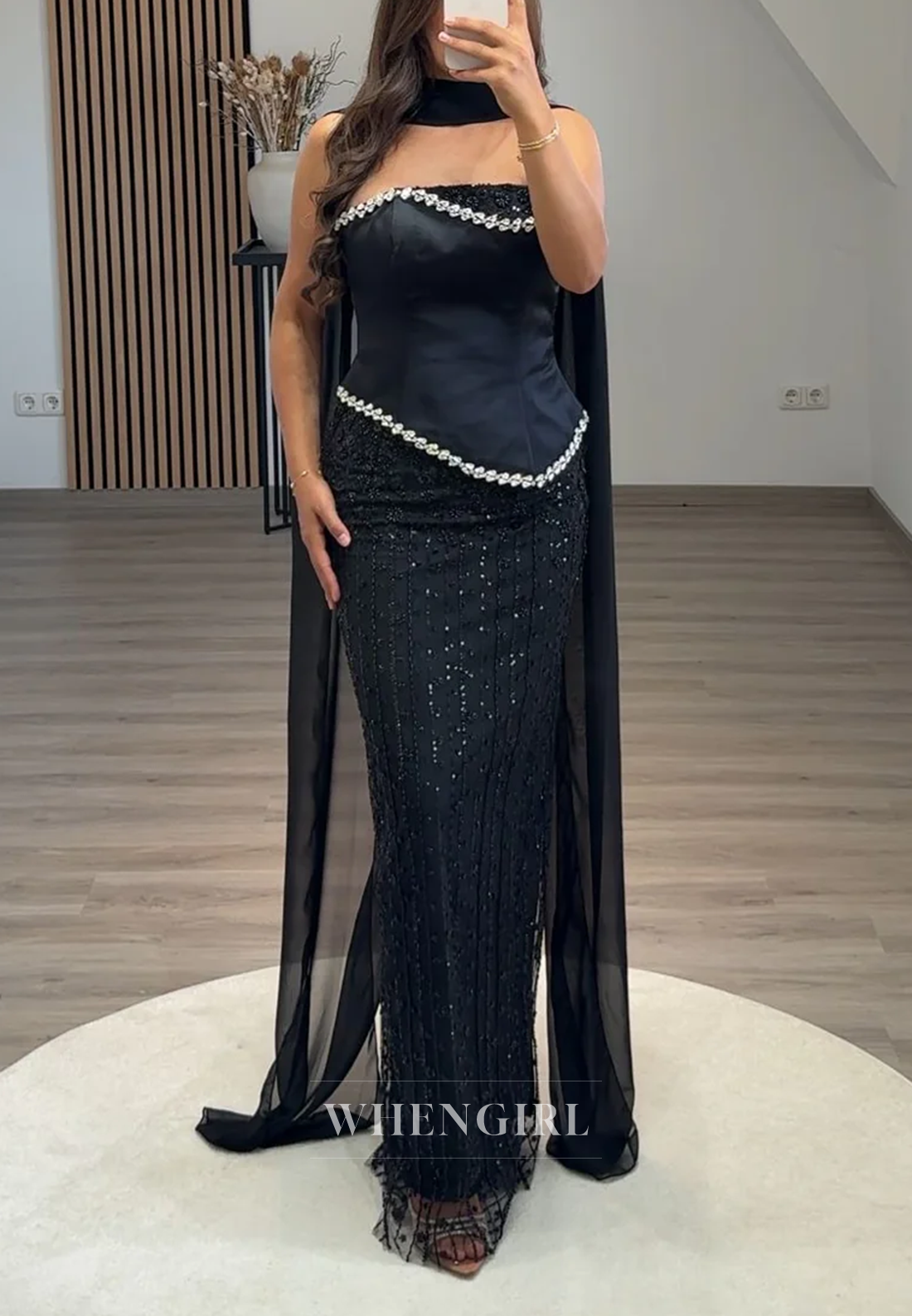 Sheath Strapless Sleeveless Rhinestones Beading Long Evening Formal Gown with Scarf