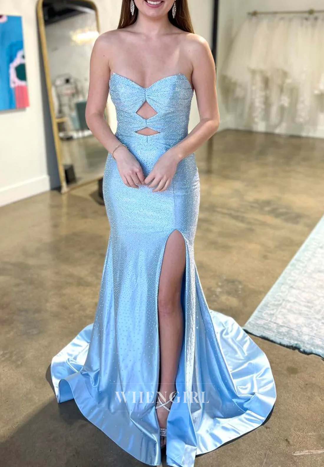 Sweetheart Sleeveless Cut Out Formal Dress Side Slit Beaded Sweep Train Sheath Evening Dress