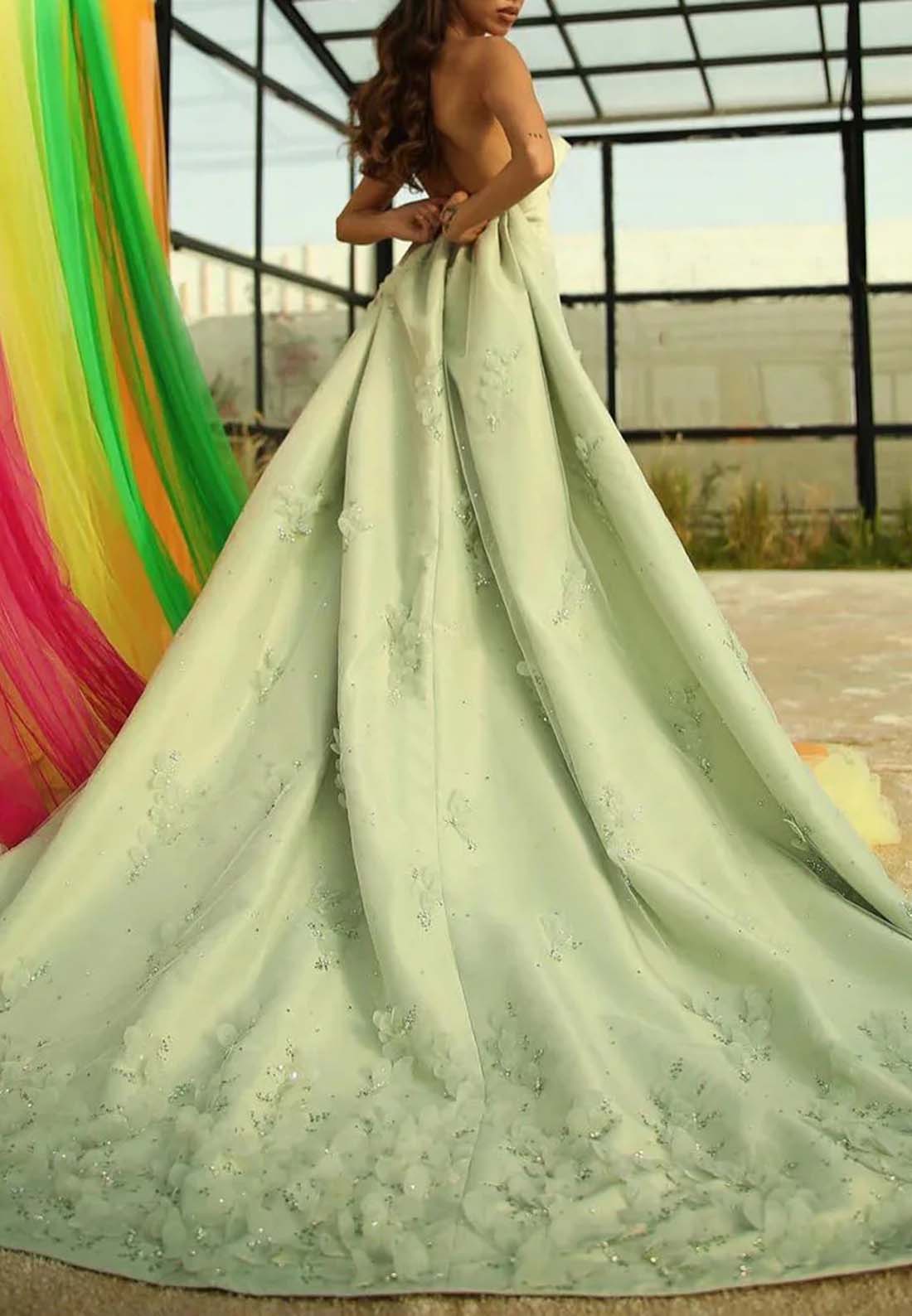 Green Strapless Sleeveless Sheath Court Train Formal Dress Beaded Tube Top Evening Dress