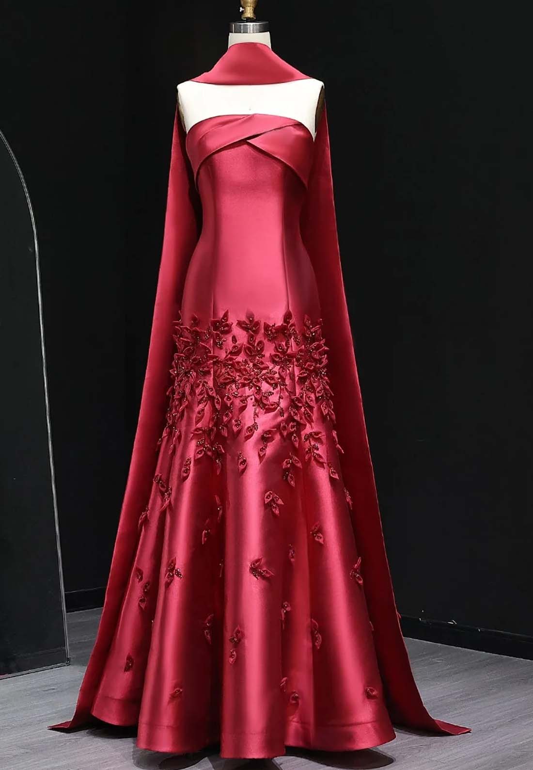 A-Line Strapless Pleated Beaded Strapless Sleeveless Floor Length Formal Dress with Cape