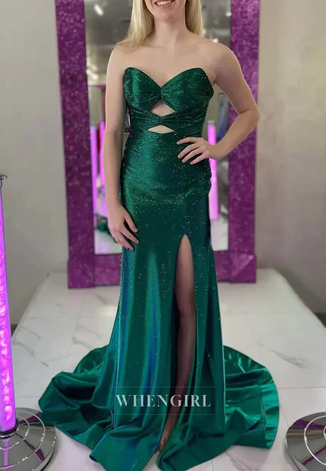 Sweetheart Sleeveless Cut Out Formal Dress Side Slit Beaded Sweep Train Sheath Evening Dress