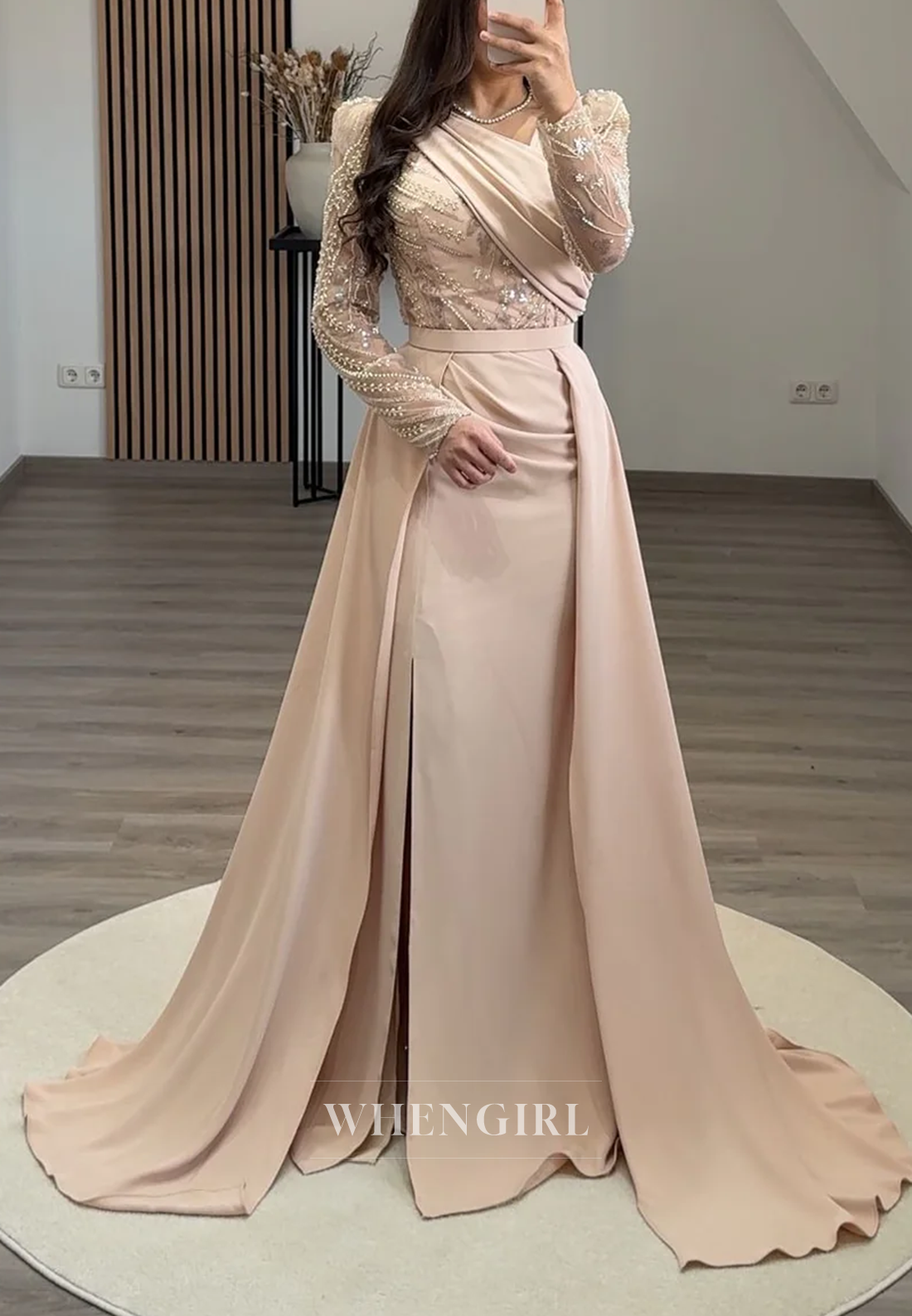 Asymmetrical Neck Long Beaded Sleeves Sheath Side Slit Sweep Train Formal Evening Dress