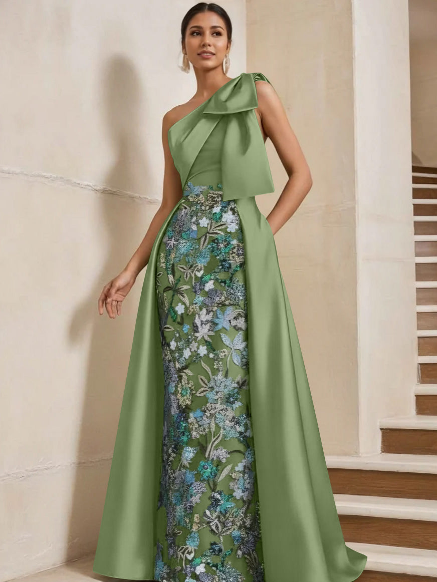 Column One-Shoulder Satin Mother of the Bride Dresses with Overskirt