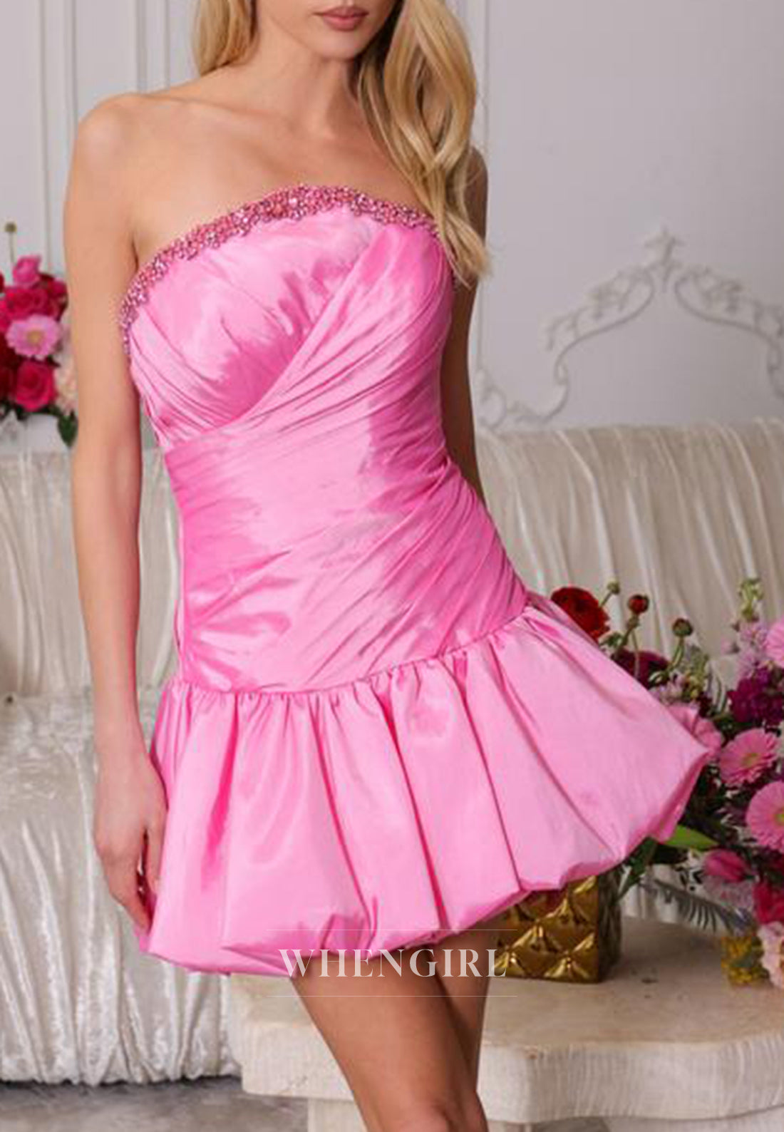 Strapless Beaded Tube Top Sleeveless Pleaed Sheath Short Homecoming Dress