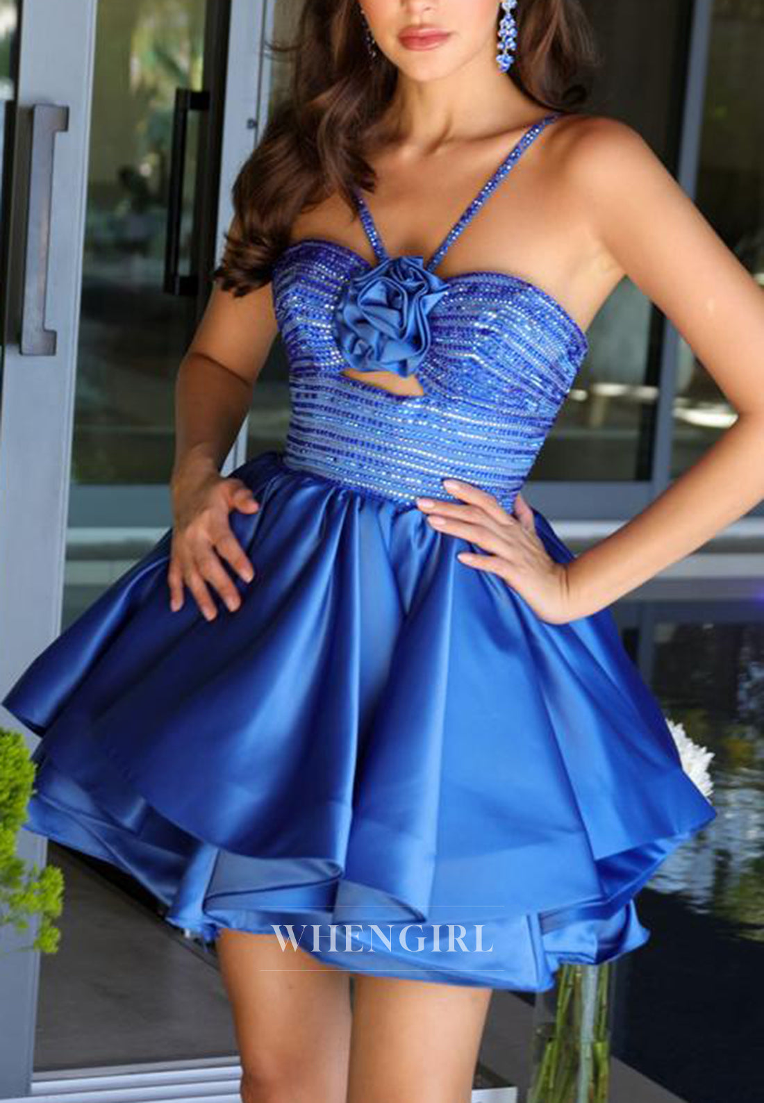 Sweetheart A-Line Ruffles Cut Out Beaded Sleeveless Satin Short Homecoming Dress