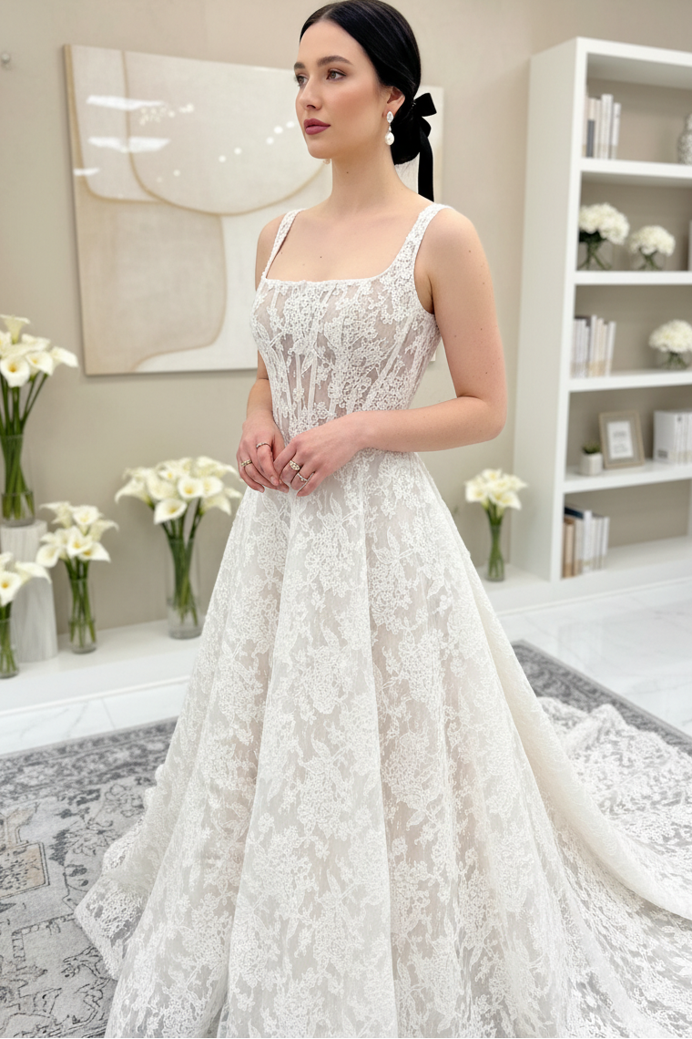Gorgeous A Line Square Neck Lace Wedding Dress