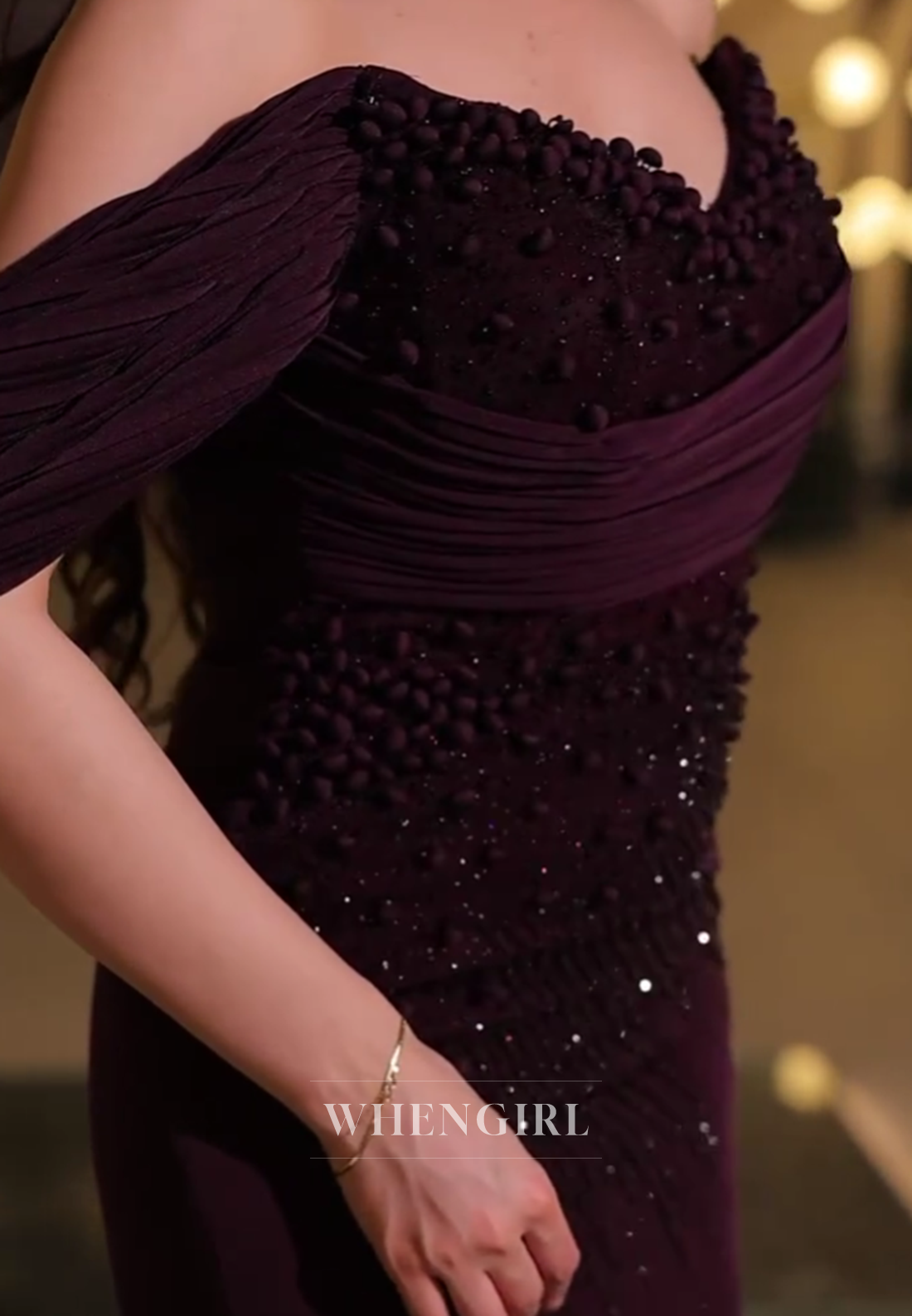 Raspberry Off Shoulder Beaded Mermaid Long Formal Evening Dress with Side Slit