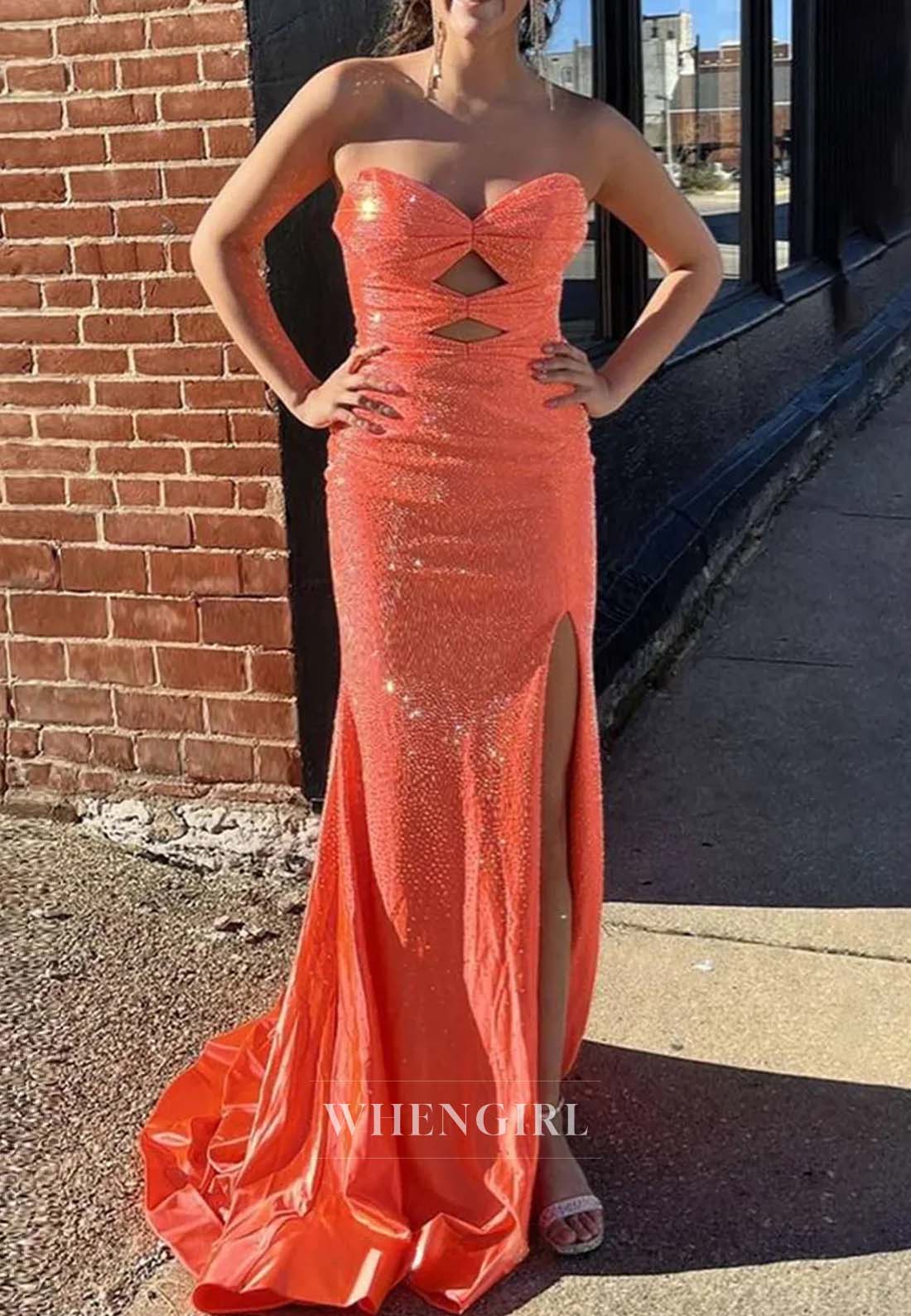 Sweetheart Sleeveless Cut Out Formal Dress Side Slit Beaded Sweep Train Sheath Evening Dress