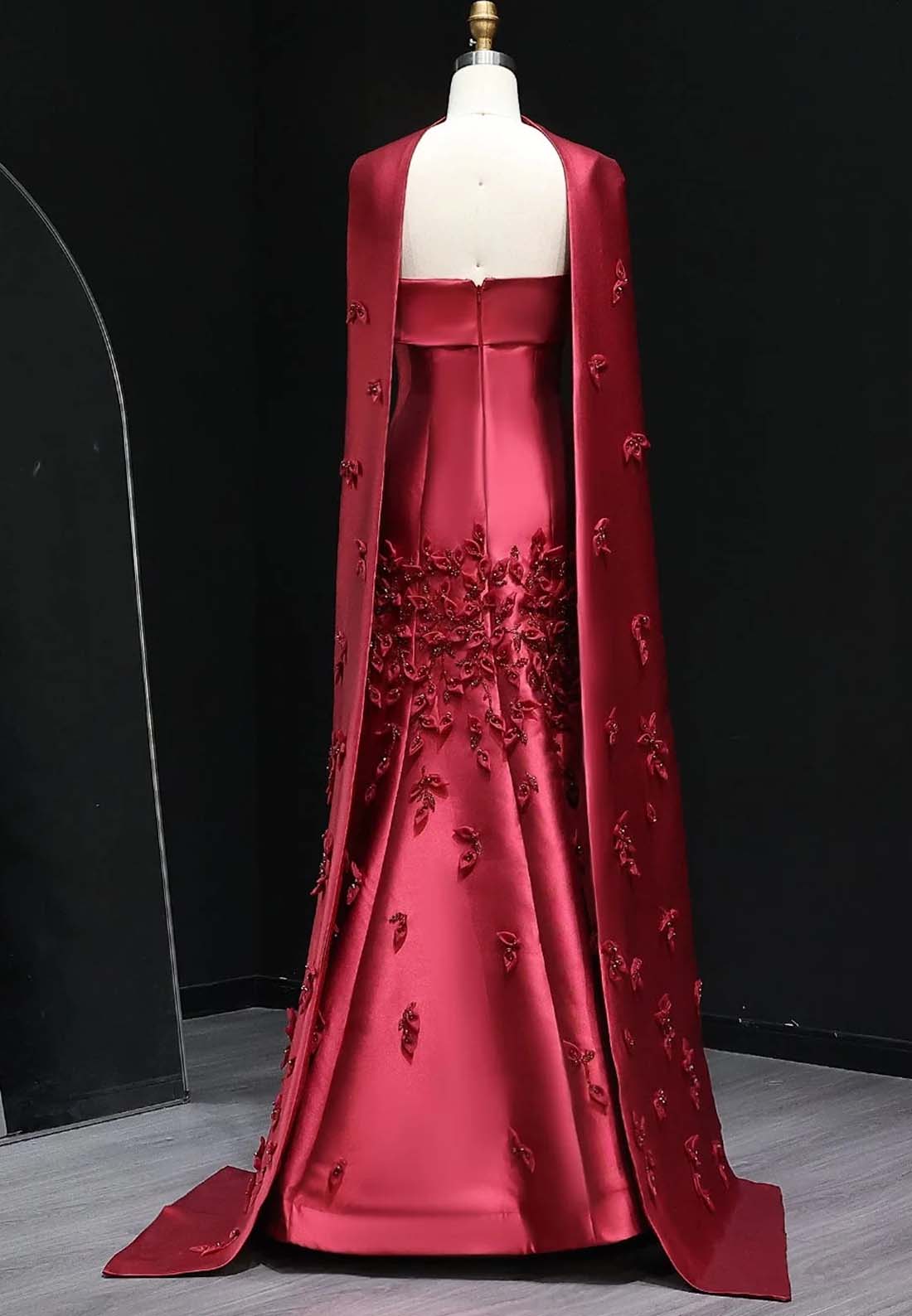 A-Line Strapless Pleated Beaded Strapless Sleeveless Floor Length Formal Dress with Cape