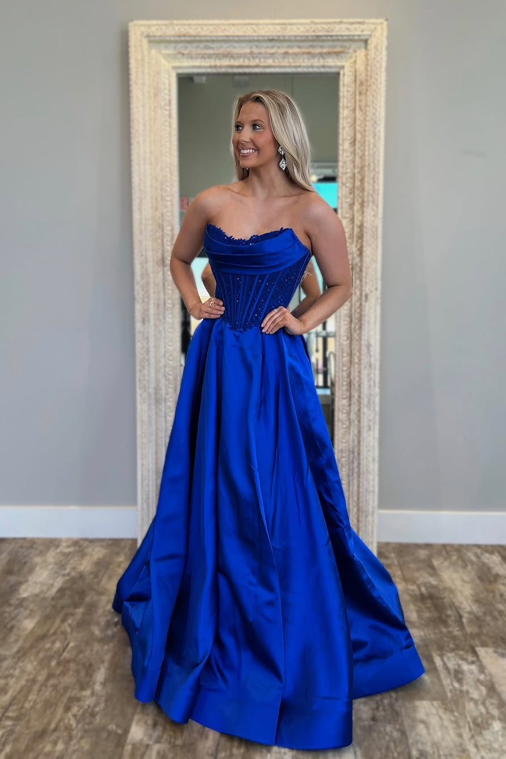 A-Line Strapless Royal Blue Satin Long Prom Dresses with Pockets